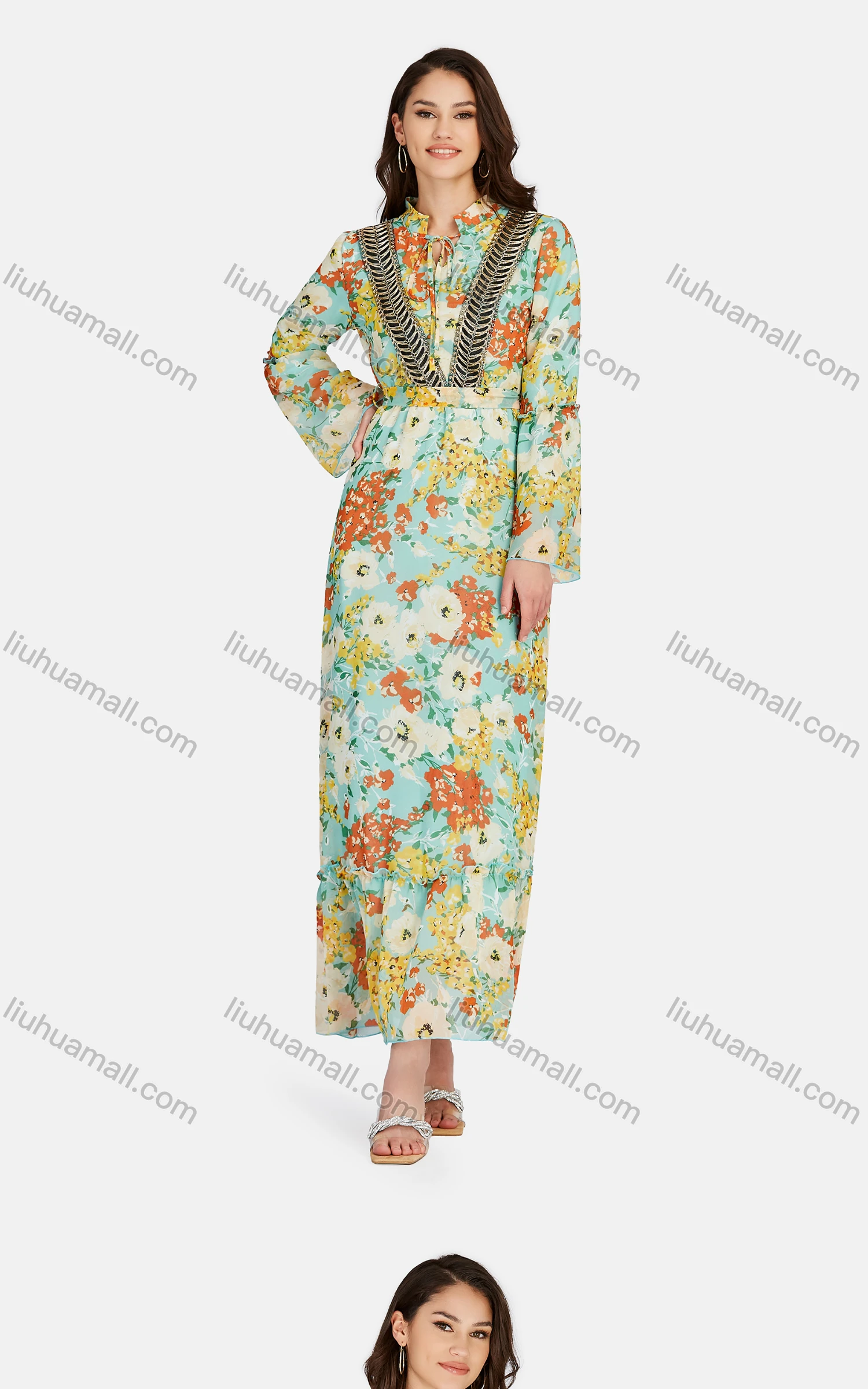 Wholesale Women's Casual Tie Neck Embroidered Peplum Floral Print High Waist Maxi Dress K014# - Liuhuamall