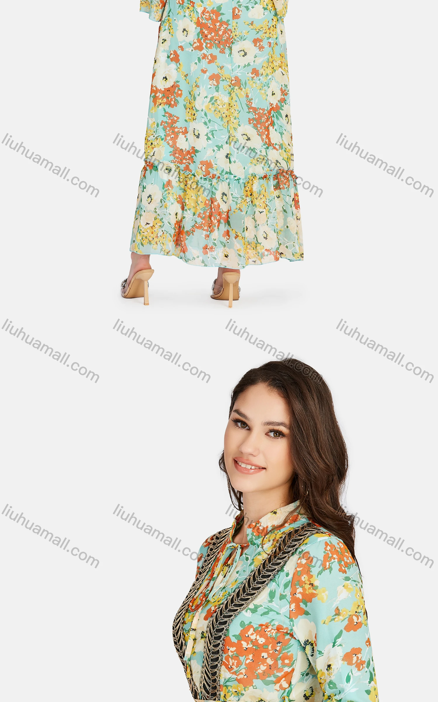 Wholesale Women's Casual Tie Neck Embroidered Peplum Floral Print High Waist Maxi Dress K014# - Liuhuamall