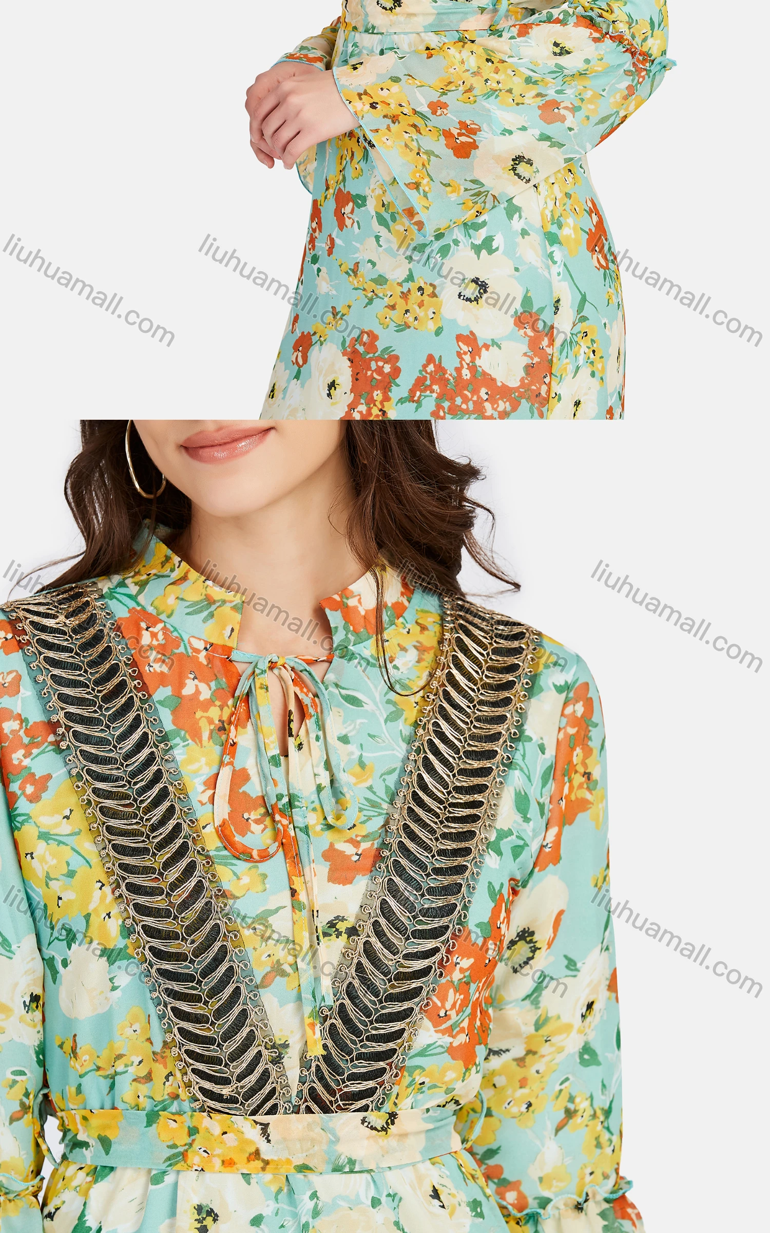 Wholesale Women's Casual Tie Neck Embroidered Peplum Floral Print High Waist Maxi Dress K014# - Liuhuamall