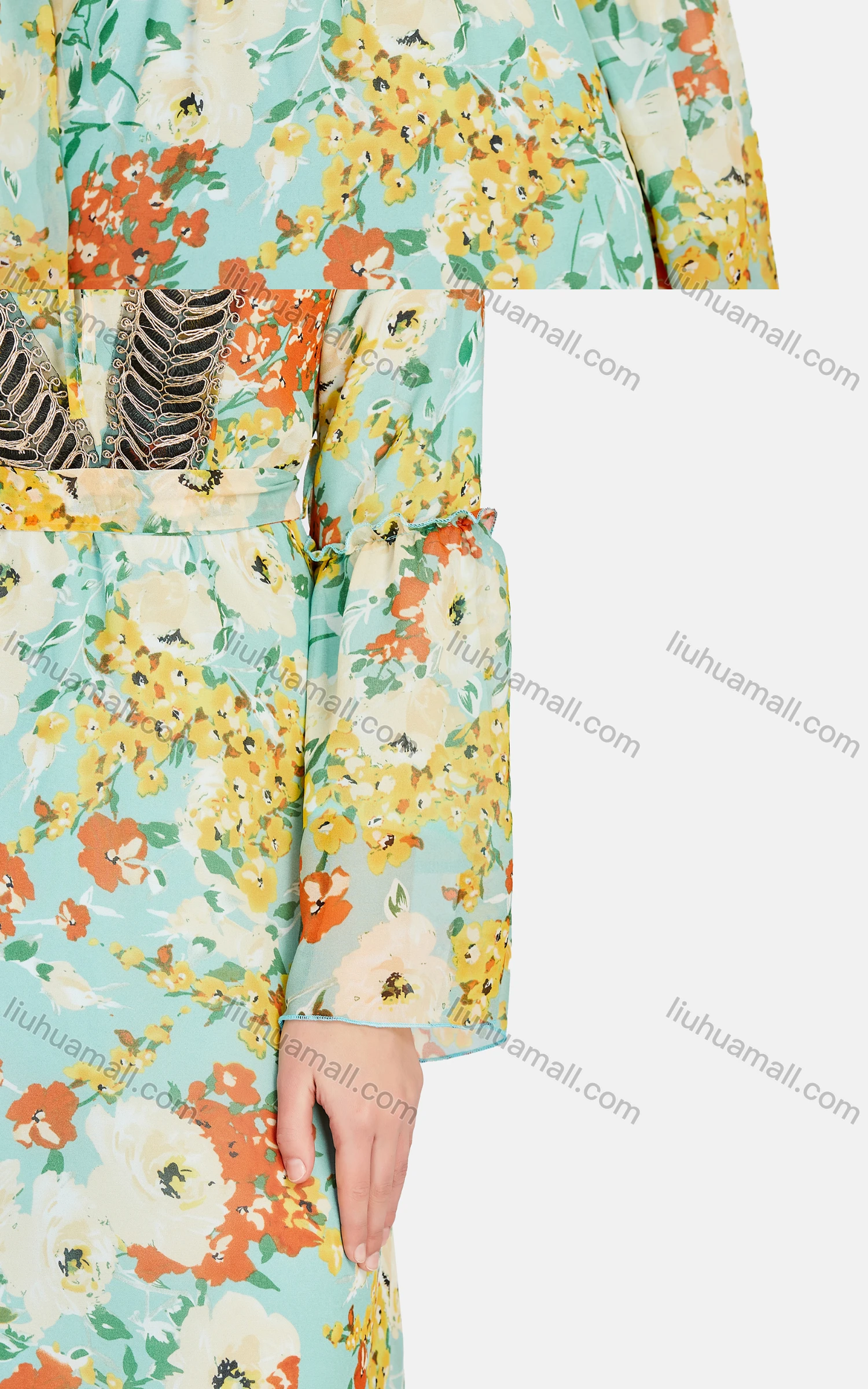 Wholesale Women's Casual Tie Neck Embroidered Peplum Floral Print High Waist Maxi Dress K014# - Liuhuamall