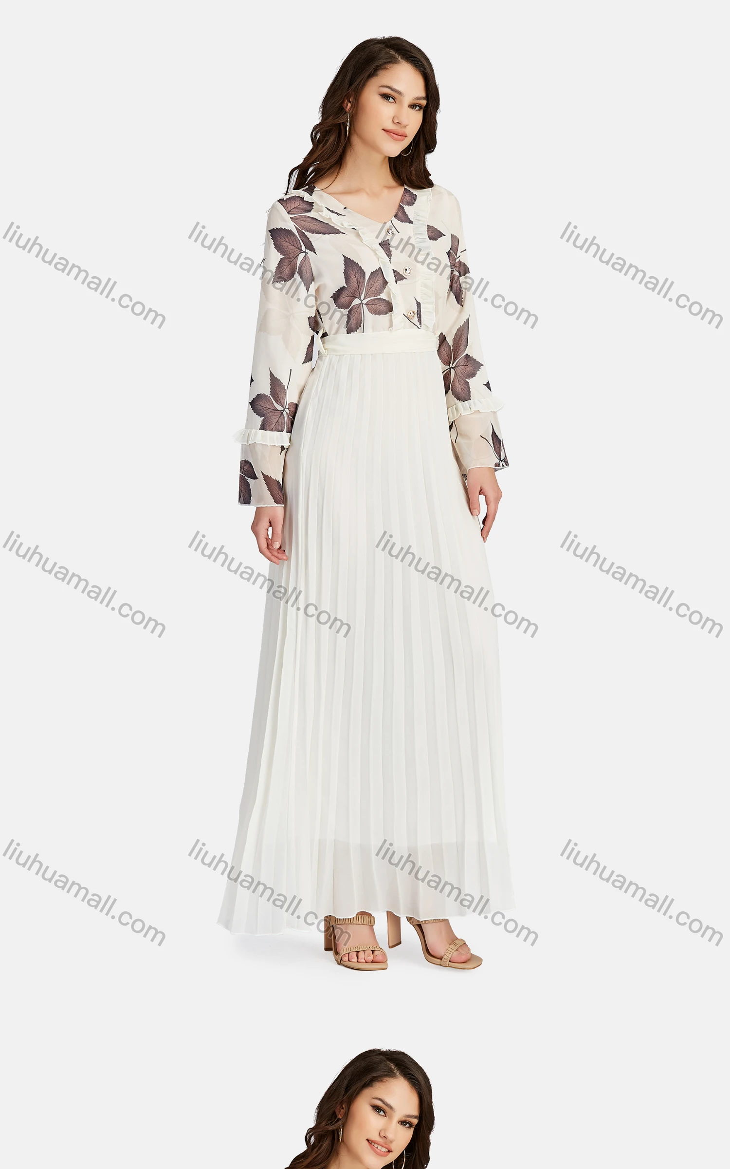 Wholesale Women's Casual V Neck Ruffle Trim Peplum Floral Pleated Maxi Dress K005# - Liuhuamall