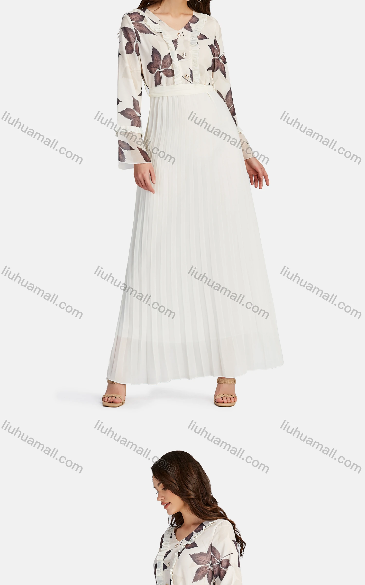 Wholesale Women's Casual V Neck Ruffle Trim Peplum Floral Pleated Maxi Dress K005# - Liuhuamall
