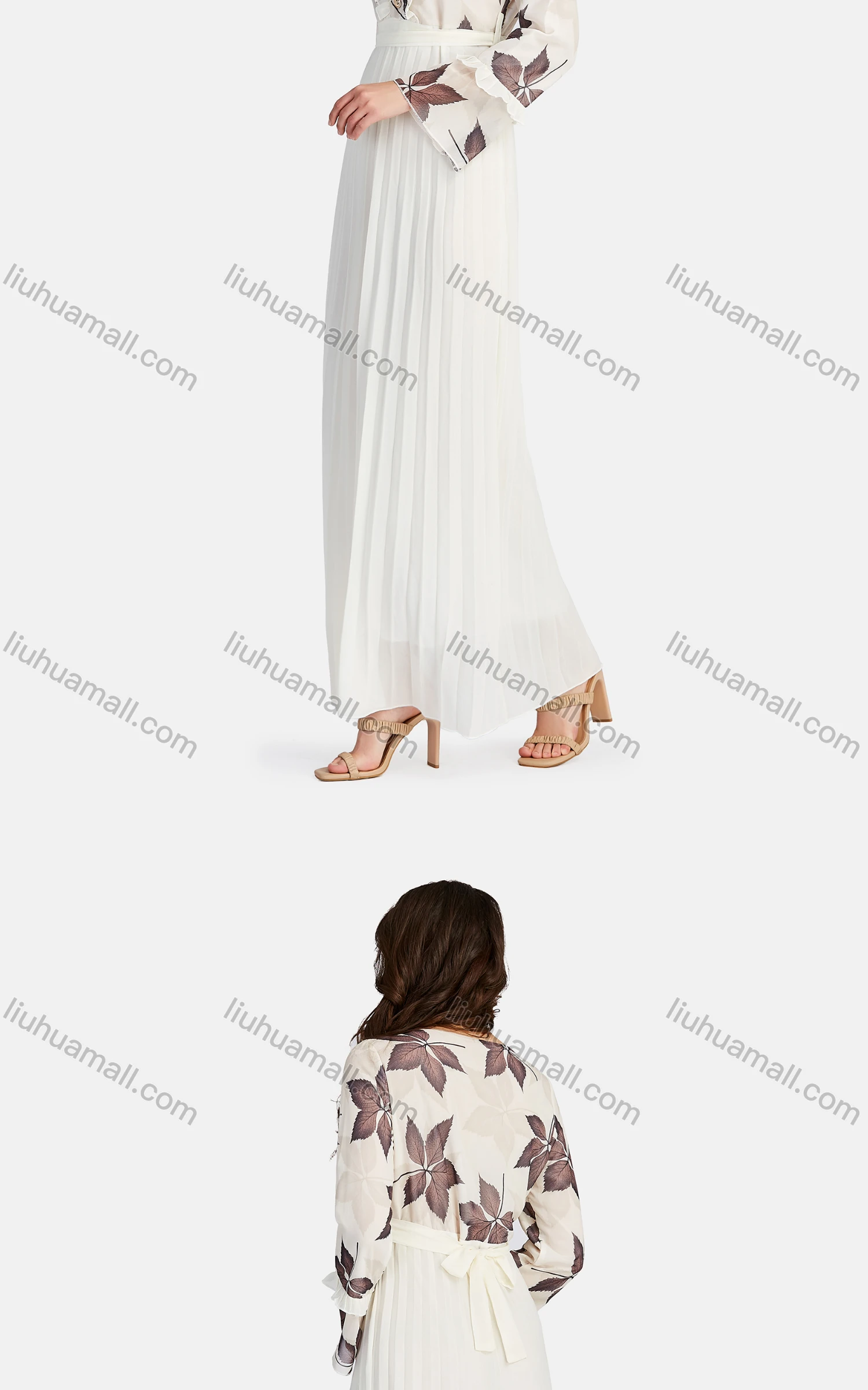 Wholesale Women's Casual V Neck Ruffle Trim Peplum Floral Pleated Maxi Dress K005# - Liuhuamall