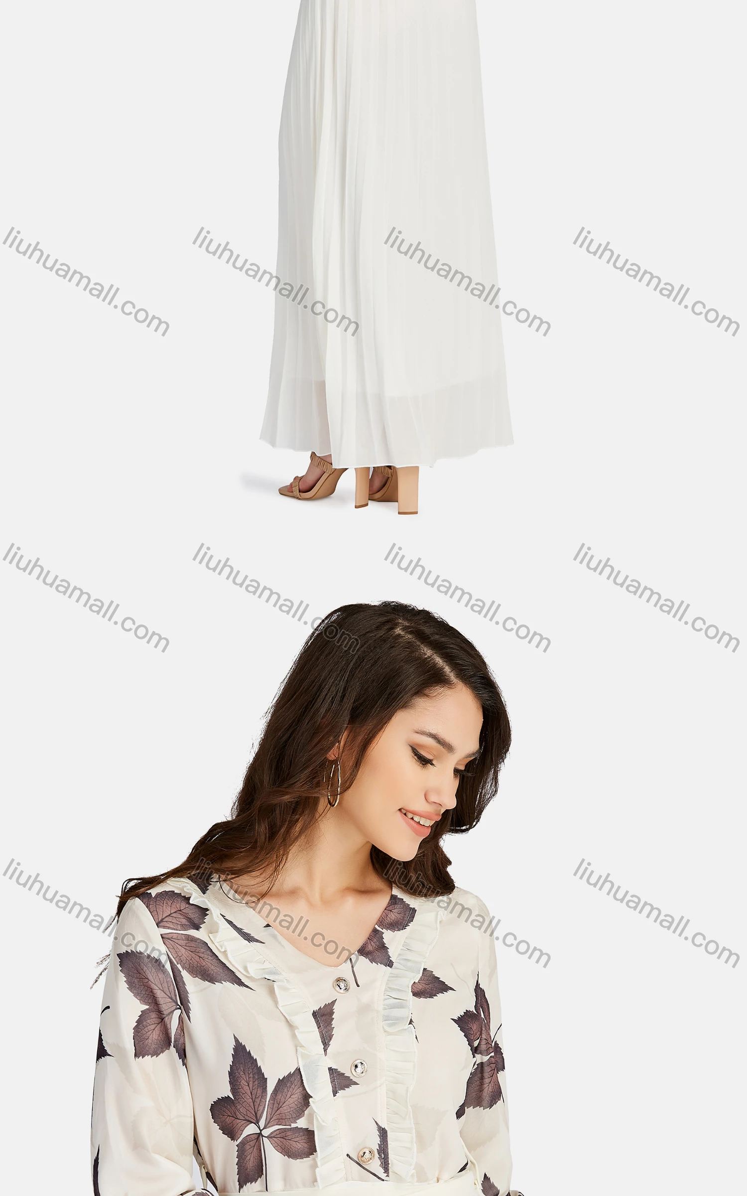 Wholesale Women's Casual V Neck Ruffle Trim Peplum Floral Pleated Maxi Dress K005# - Liuhuamall