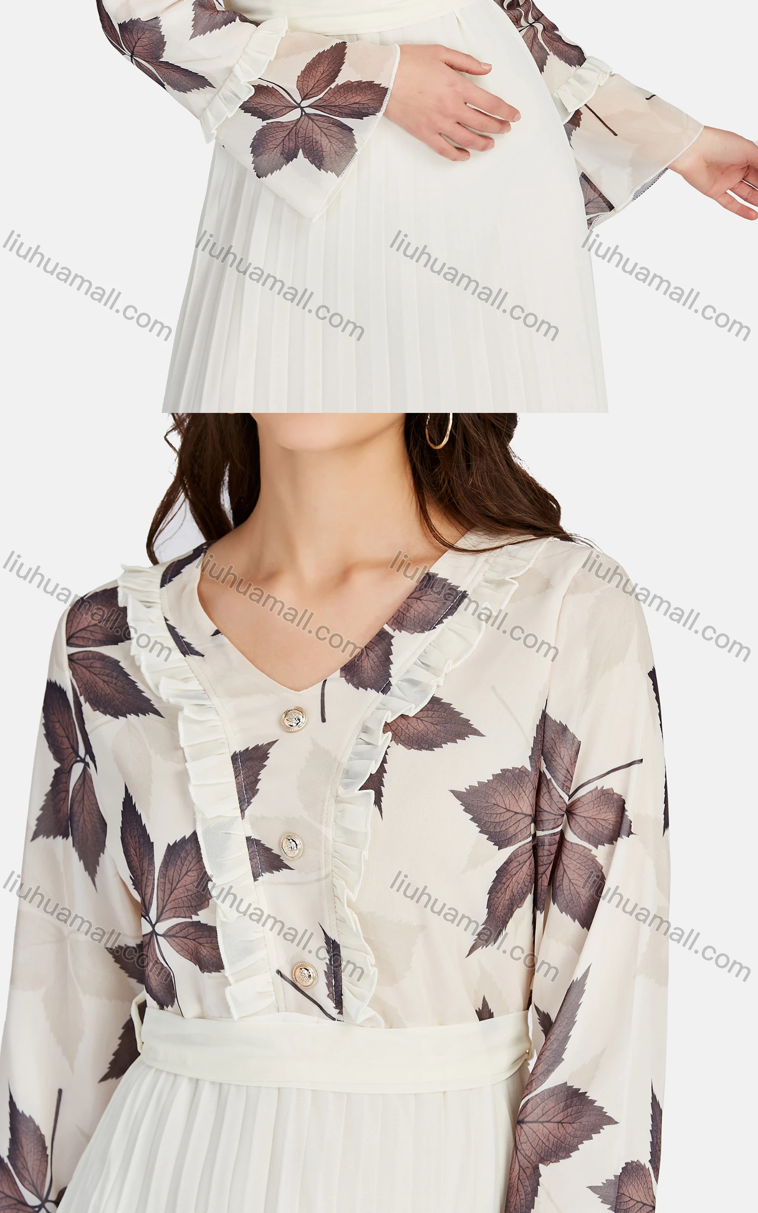 Wholesale Women's Casual V Neck Ruffle Trim Peplum Floral Pleated Maxi Dress K005# - Liuhuamall