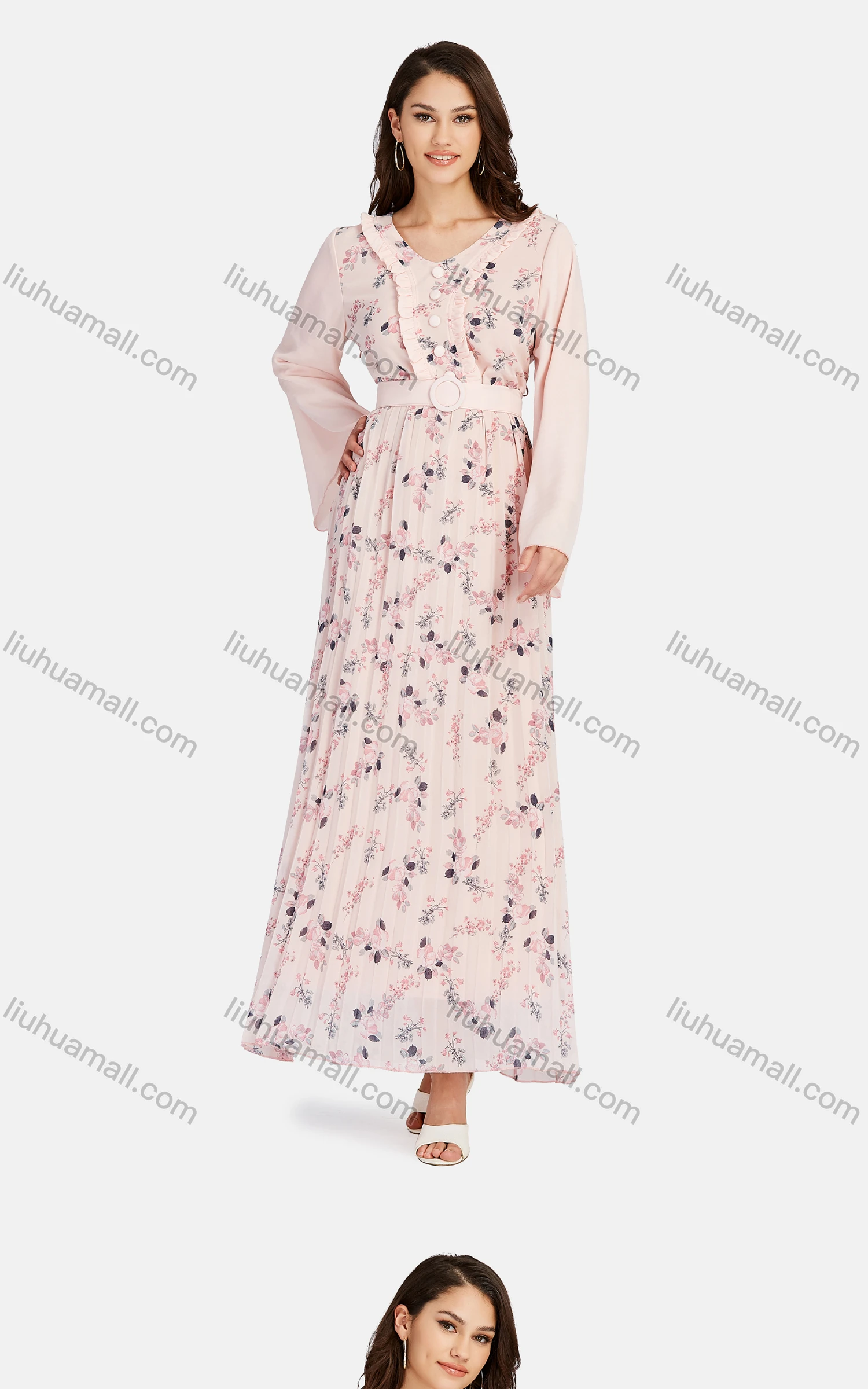 Wholesale Women's Casual V Neck Ruffle Trim Button Front Peplum Floral Belted Maxi Dress K028# - Liuhuamall