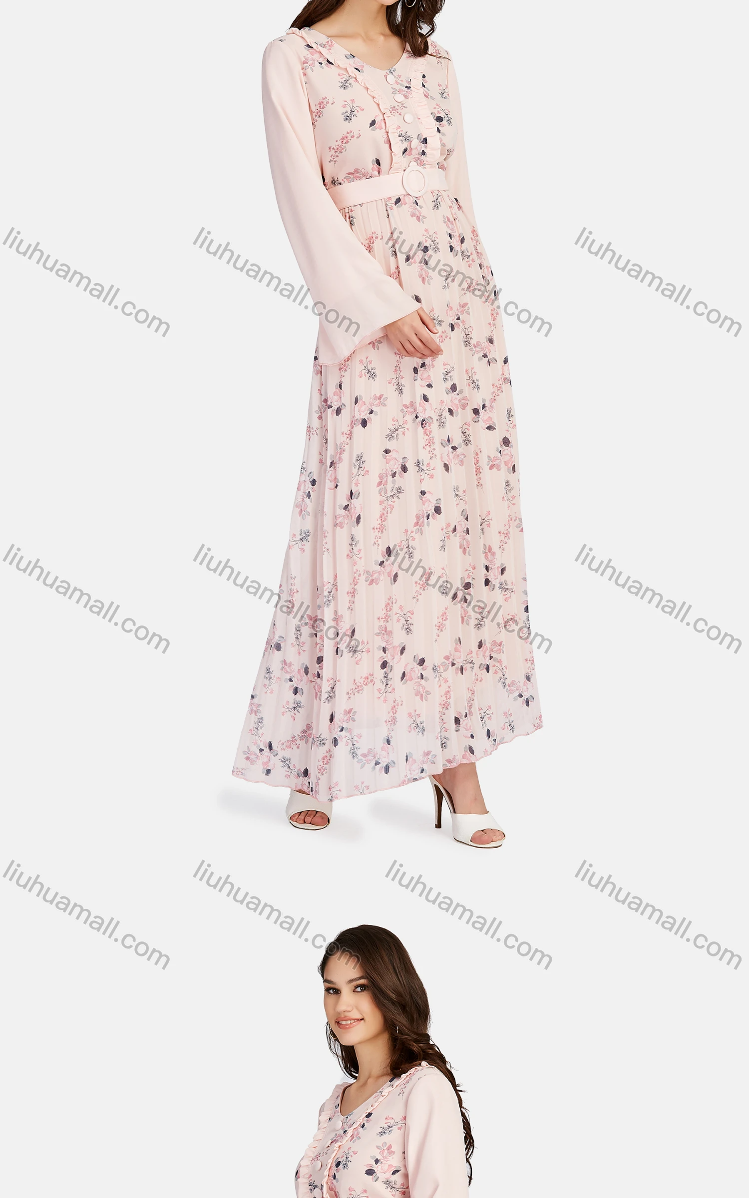 Wholesale Women's Casual V Neck Ruffle Trim Button Front Peplum Floral Belted Maxi Dress K028# - Liuhuamall