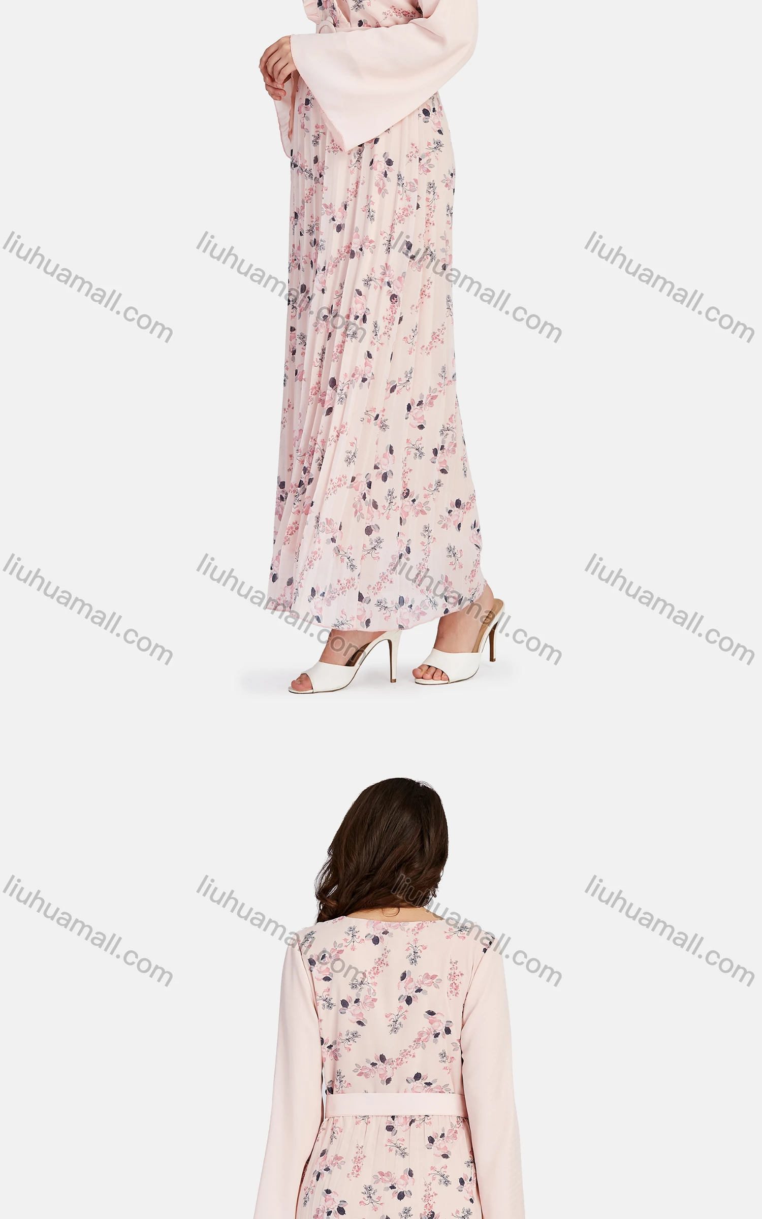 Wholesale Women's Casual V Neck Ruffle Trim Button Front Peplum Floral Belted Maxi Dress K028# - Liuhuamall