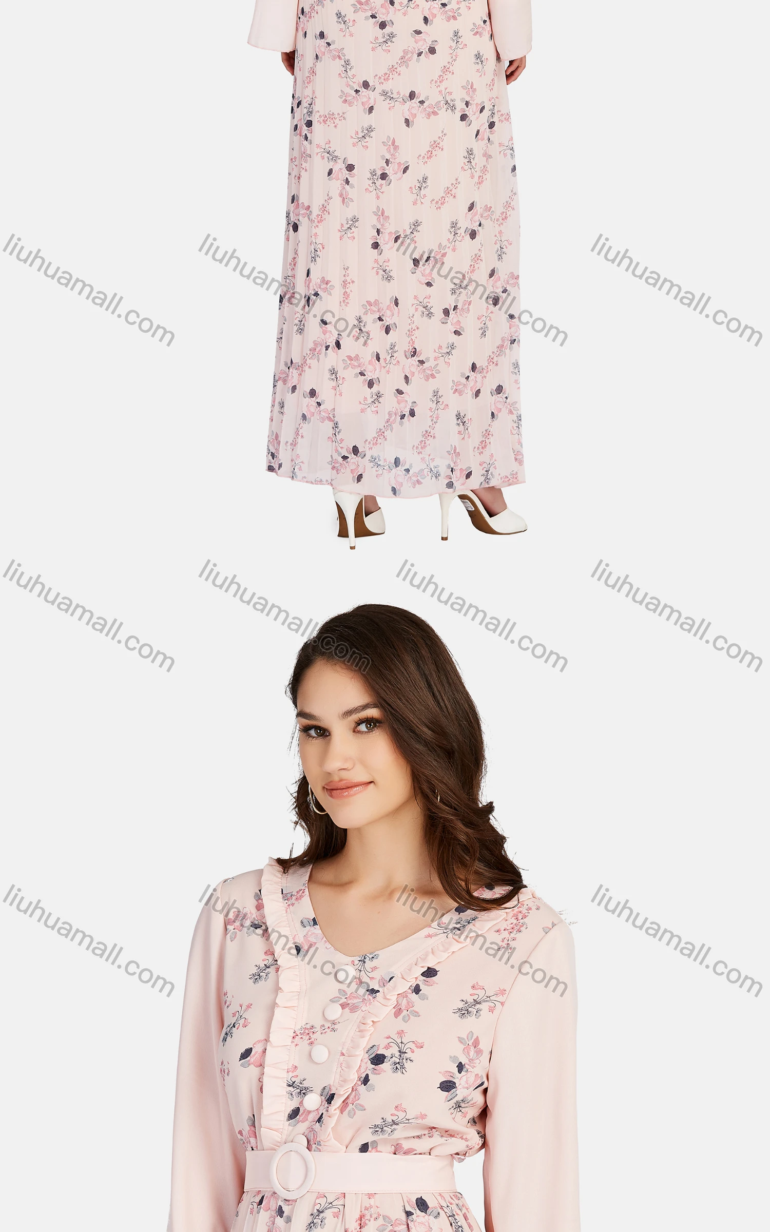 Wholesale Women's Casual V Neck Ruffle Trim Button Front Peplum Floral Belted Maxi Dress K028# - Liuhuamall