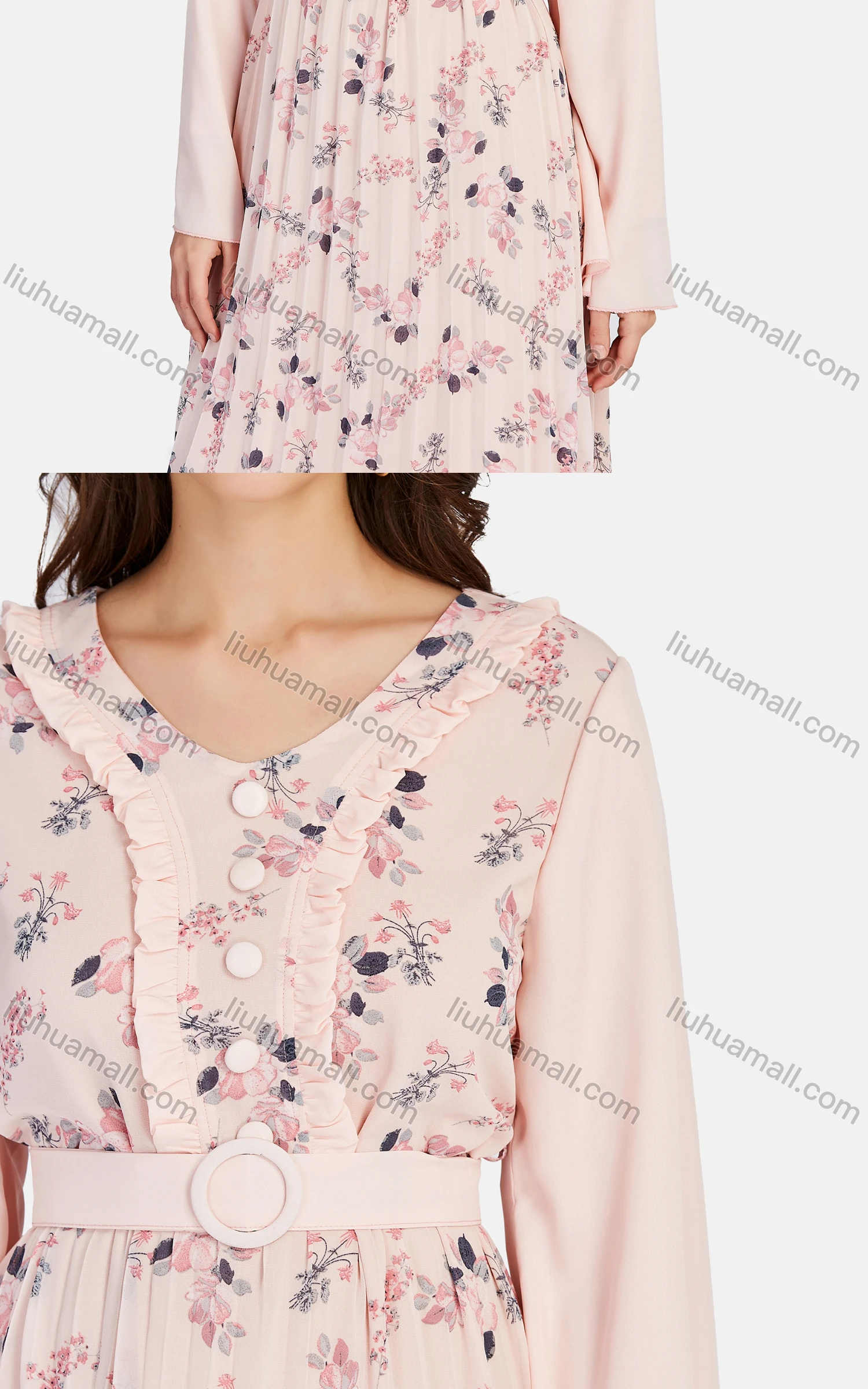 Wholesale Women's Casual V Neck Ruffle Trim Button Front Peplum Floral Belted Maxi Dress K028# - Liuhuamall