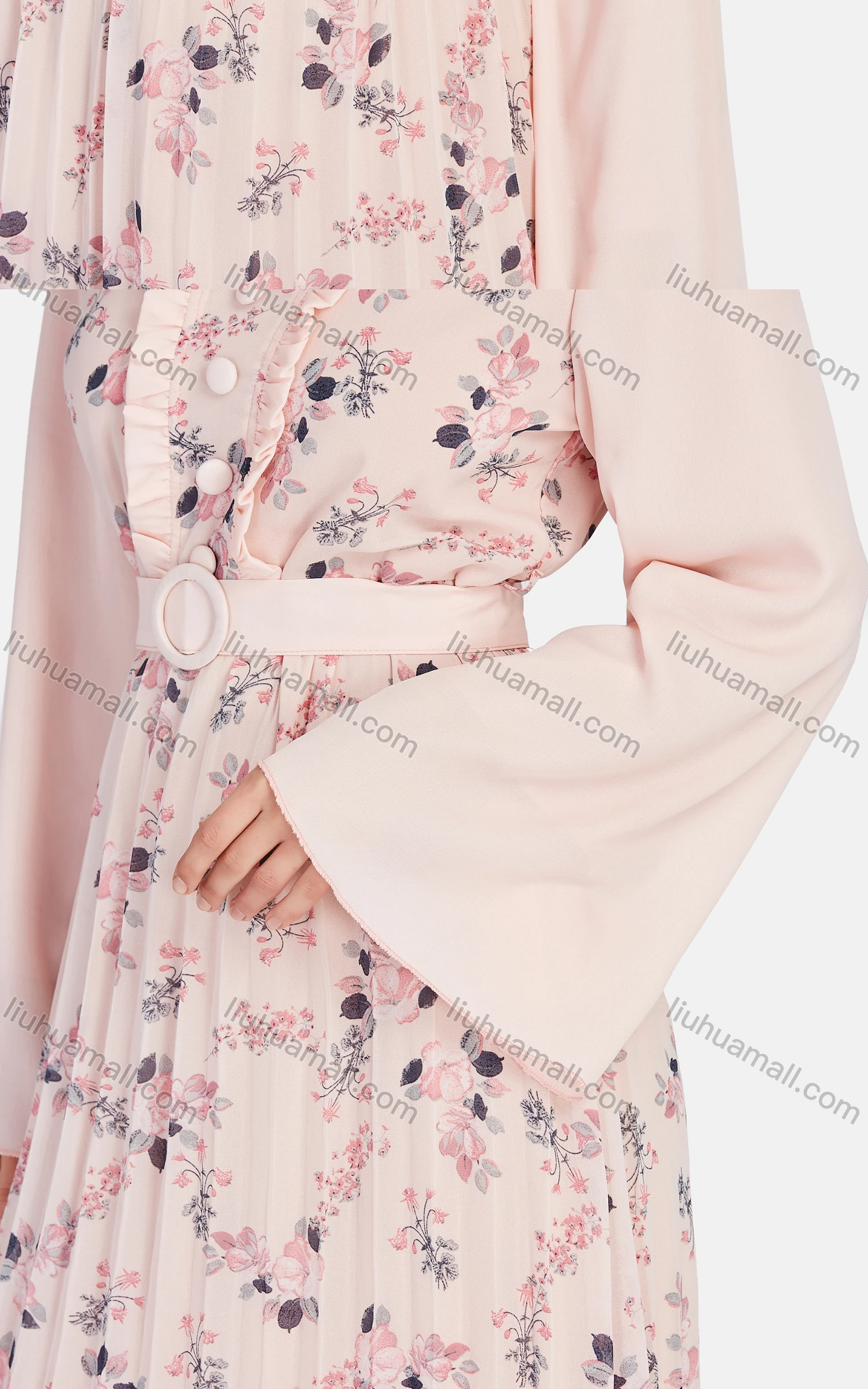 Wholesale Women's Casual V Neck Ruffle Trim Button Front Peplum Floral Belted Maxi Dress K028# - Liuhuamall