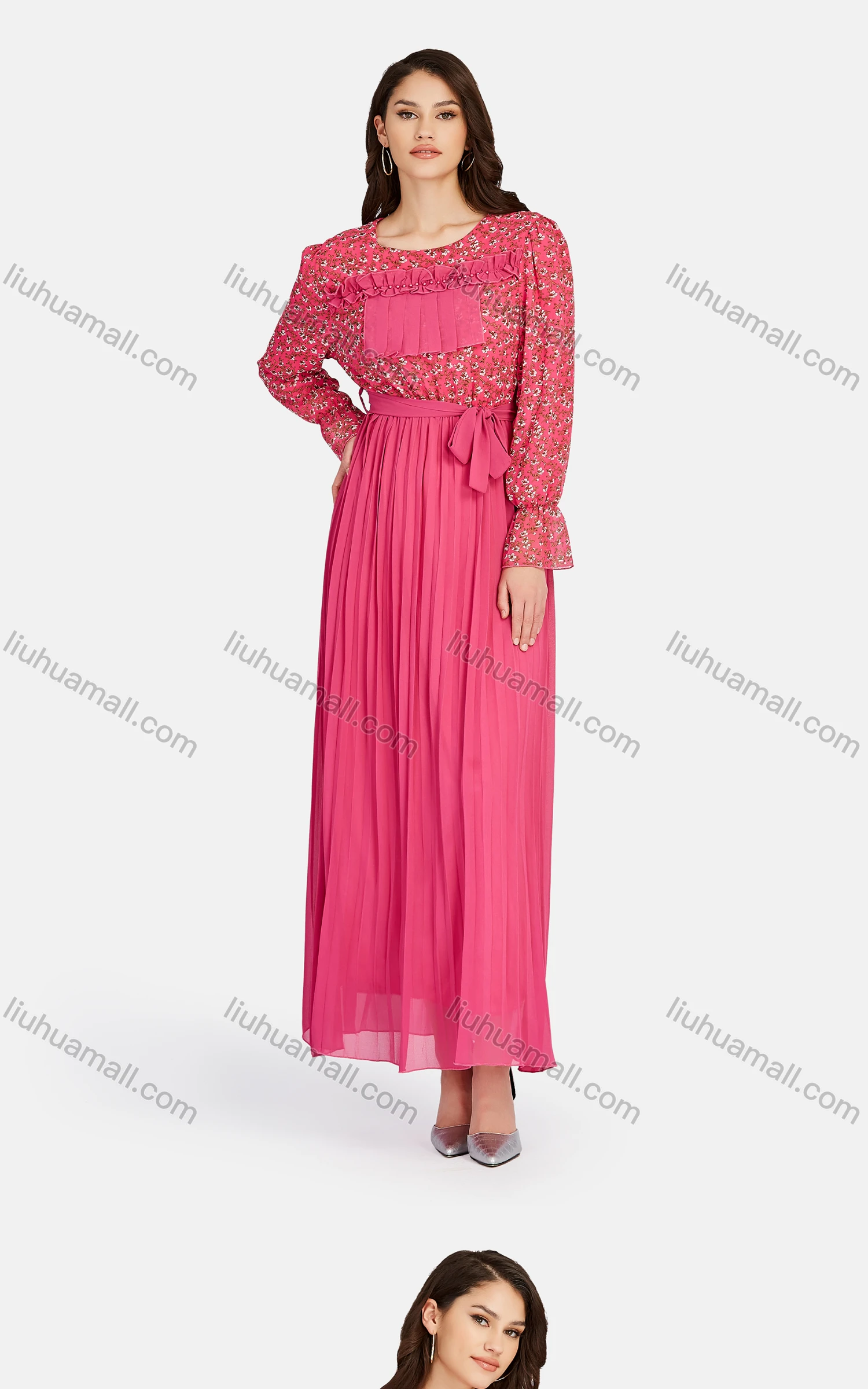 Wholesale Women's Casual Ruffle Trim Lace Up Peplum Floral High Waist Maxi Dress K004# - Liuhuamall