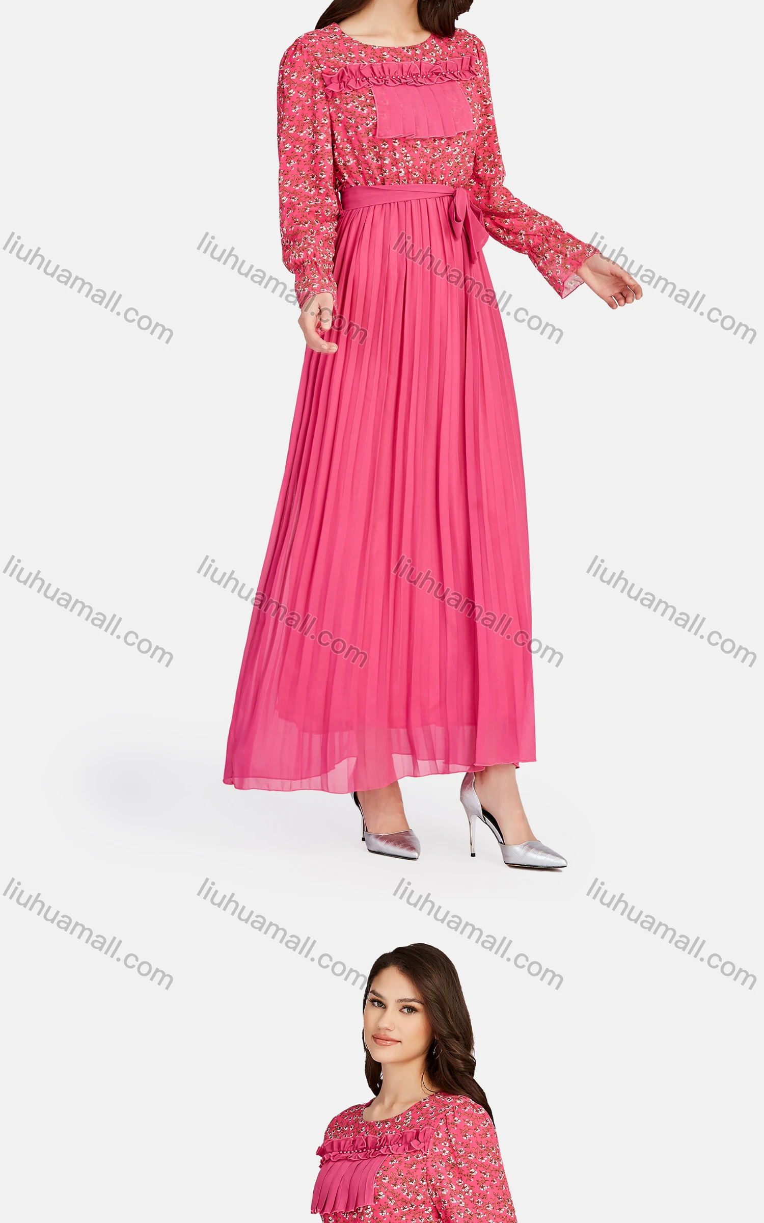 Wholesale Women's Casual Ruffle Trim Lace Up Peplum Floral High Waist Maxi Dress K004# - Liuhuamall