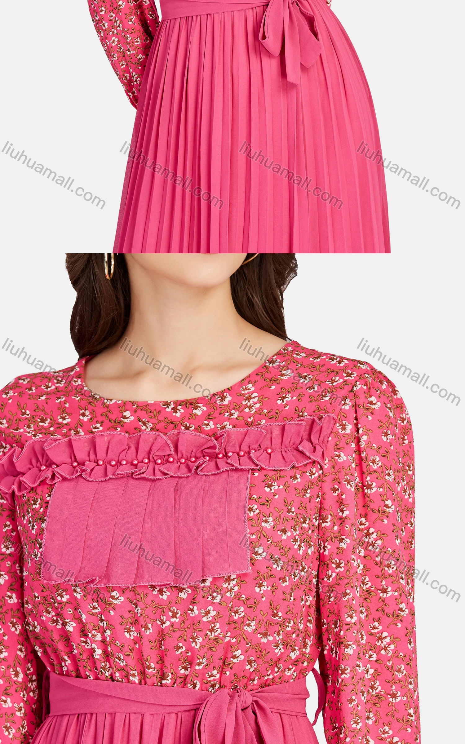 Wholesale Women's Casual Ruffle Trim Lace Up Peplum Floral High Waist Maxi Dress K004# - Liuhuamall