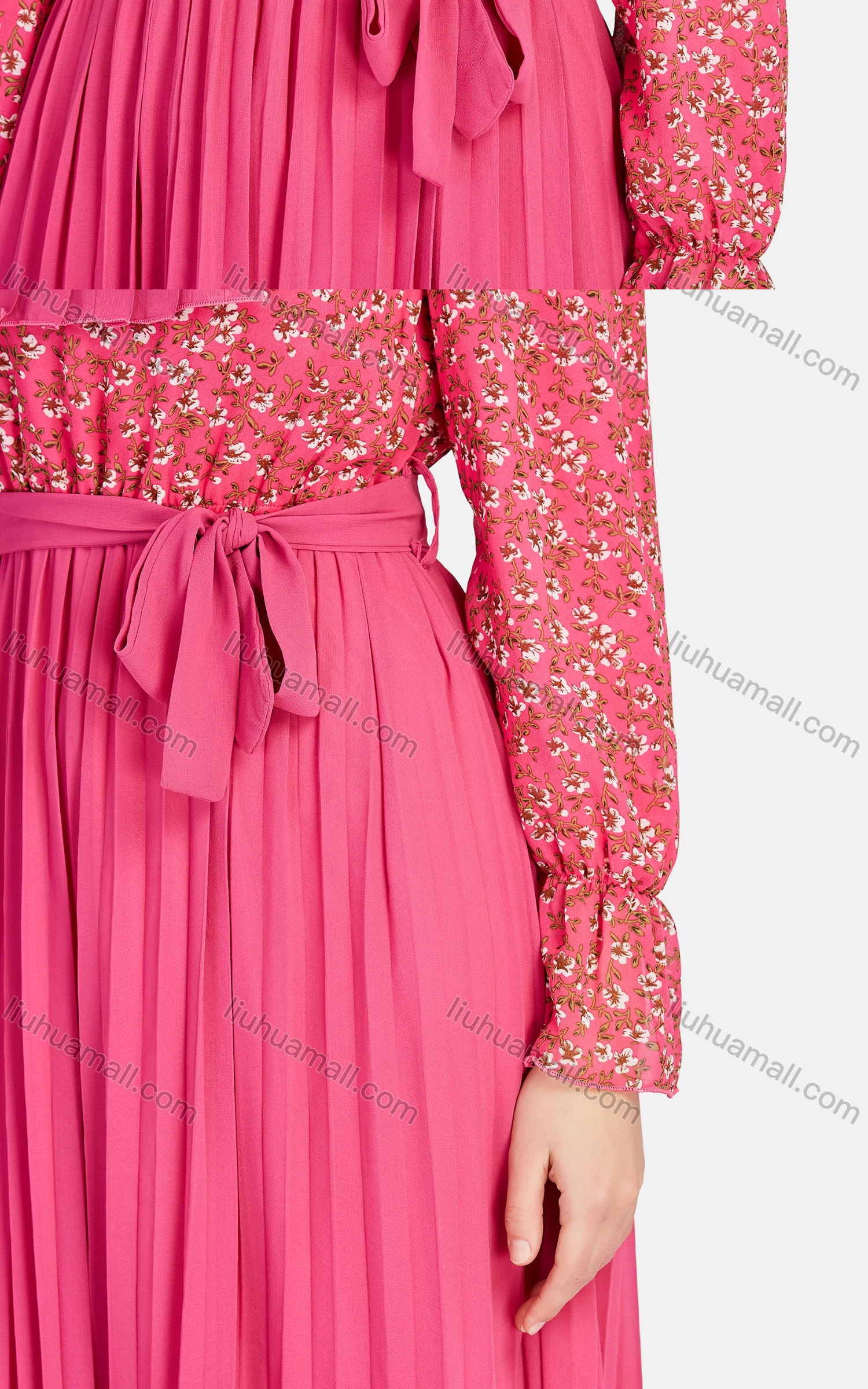 Wholesale Women's Casual Ruffle Trim Lace Up Peplum Floral High Waist Maxi Dress K004# - Liuhuamall