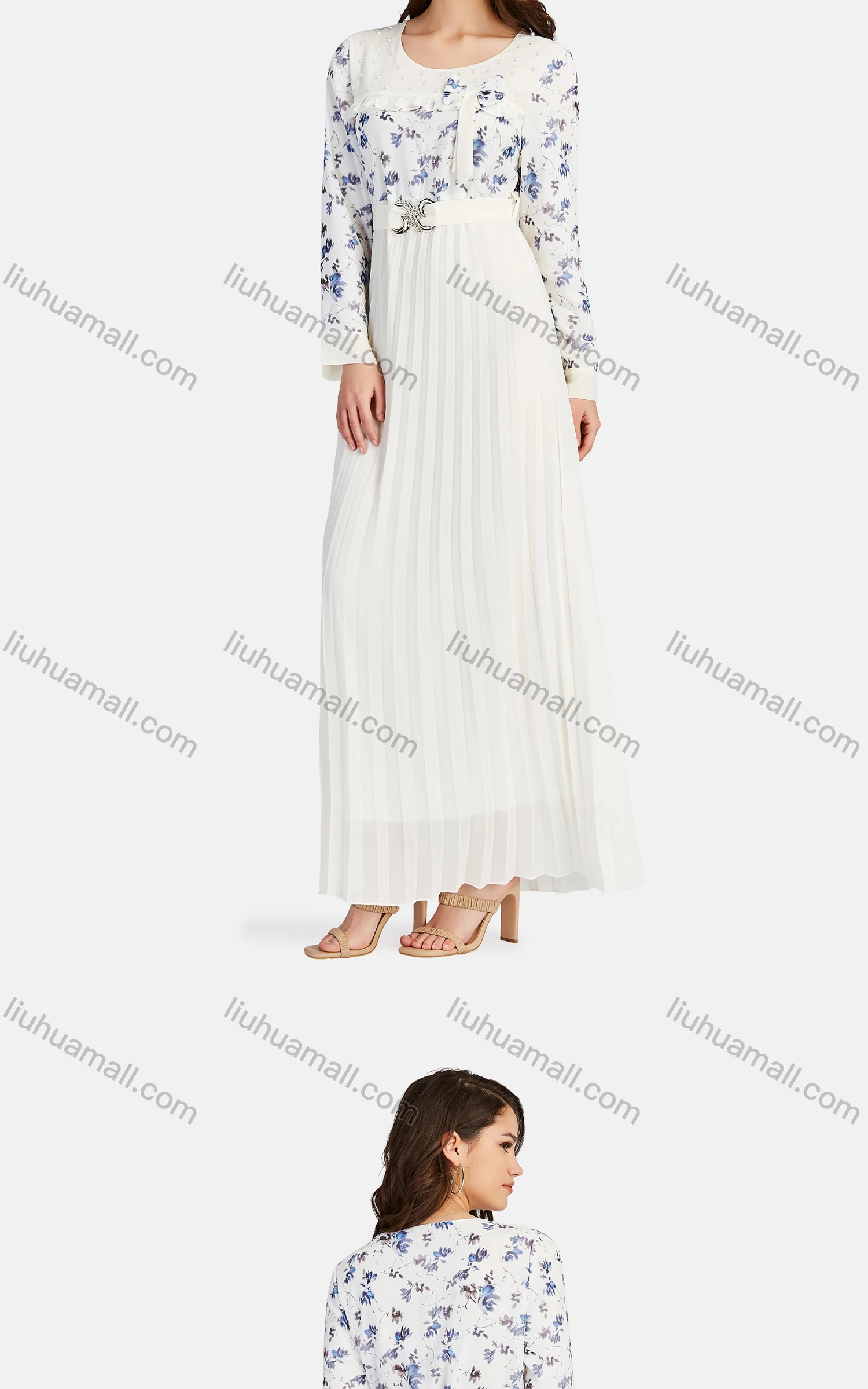 Wholesale Women's Casual Crew Neck Belted Peplum Ruffle Trim Bow Knot Maxi Dress K007# - Liuhuamall