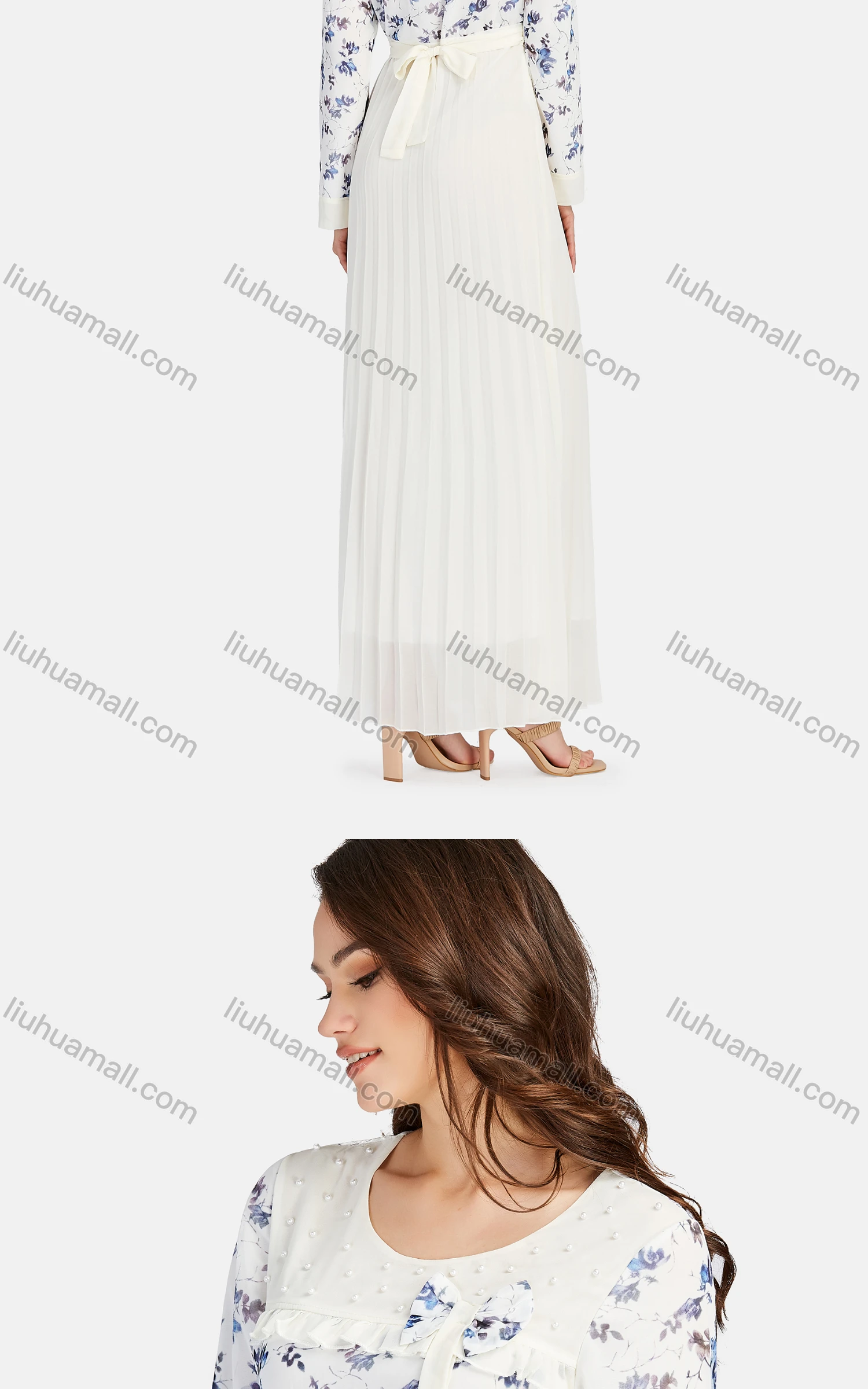 Wholesale Women's Casual Crew Neck Belted Peplum Ruffle Trim Bow Knot Maxi Dress K007# - Liuhuamall