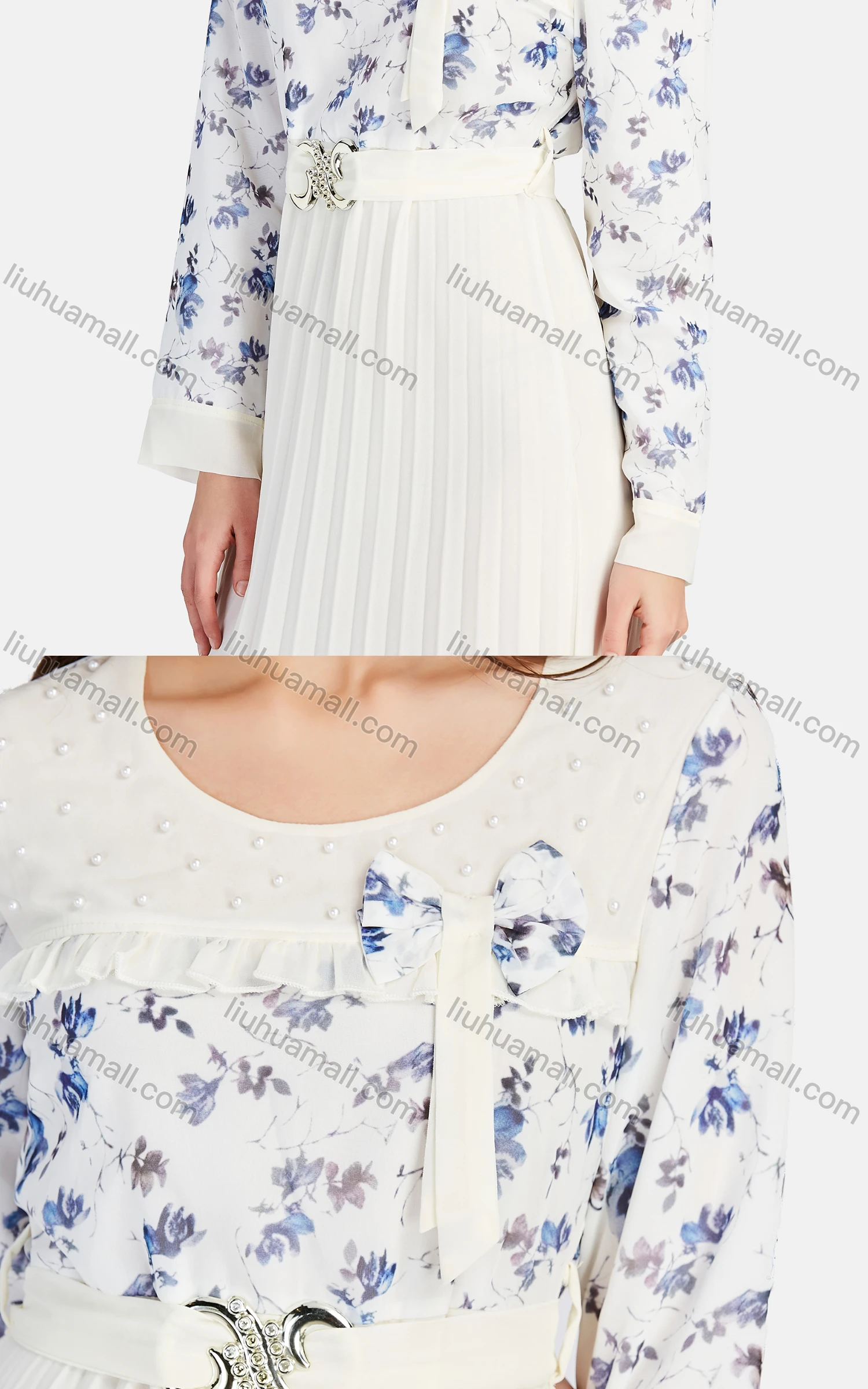 Wholesale Women's Casual Crew Neck Belted Peplum Ruffle Trim Bow Knot Maxi Dress K007# - Liuhuamall