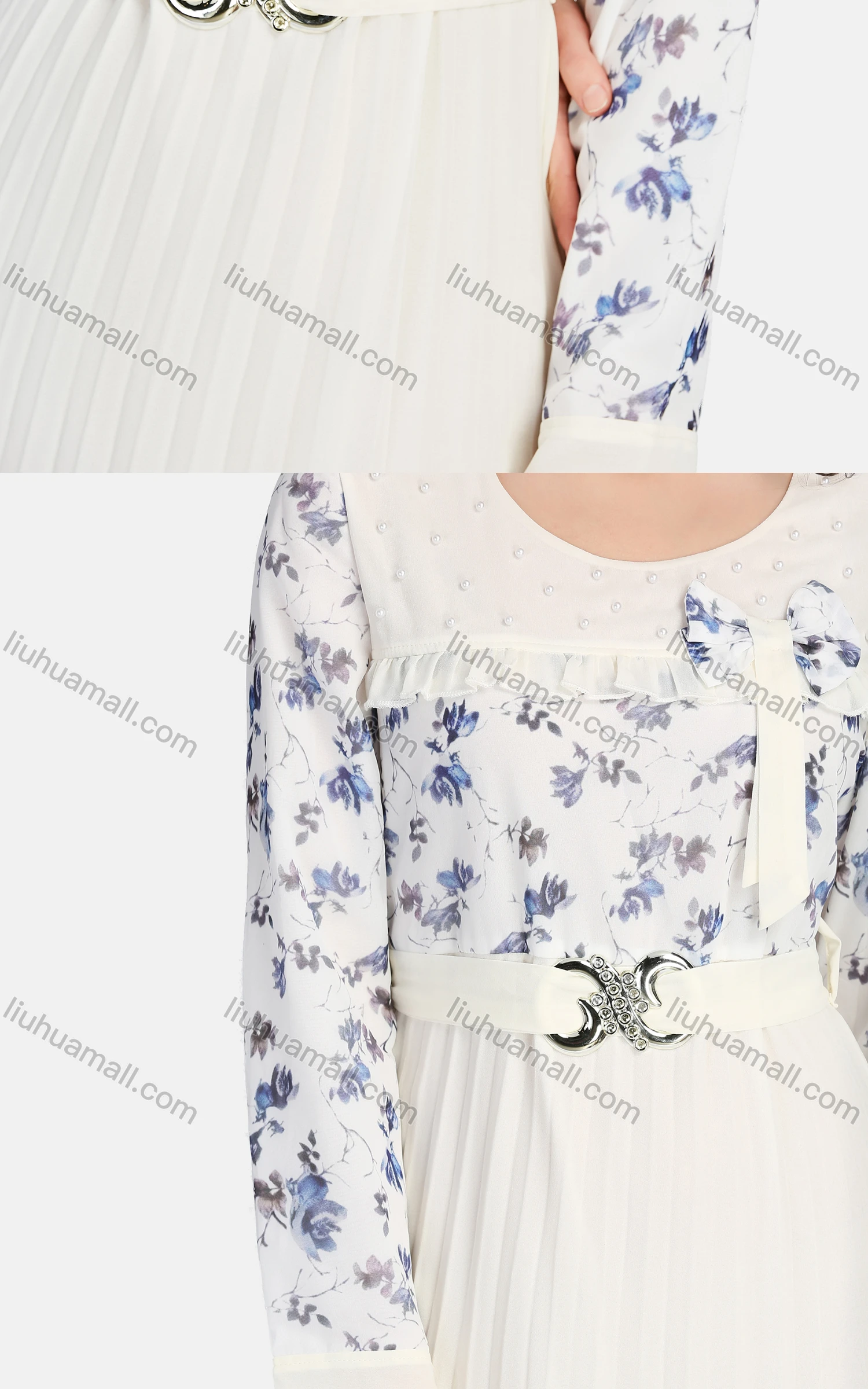 Wholesale Women's Casual Crew Neck Belted Peplum Ruffle Trim Bow Knot Maxi Dress K007# - Liuhuamall