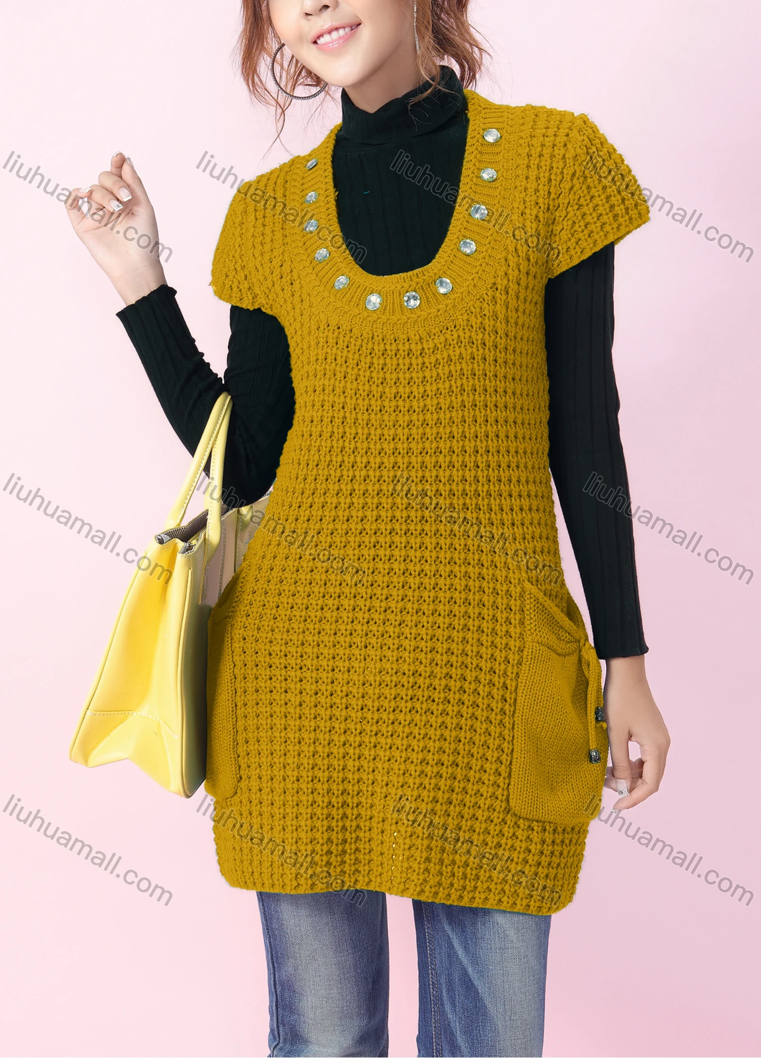 Wholesale Women's Casual Plain U-neck Rhinestone Short Sleeve Mesh-knit Long Sweater With Pockets 6822# - Liuhuamall