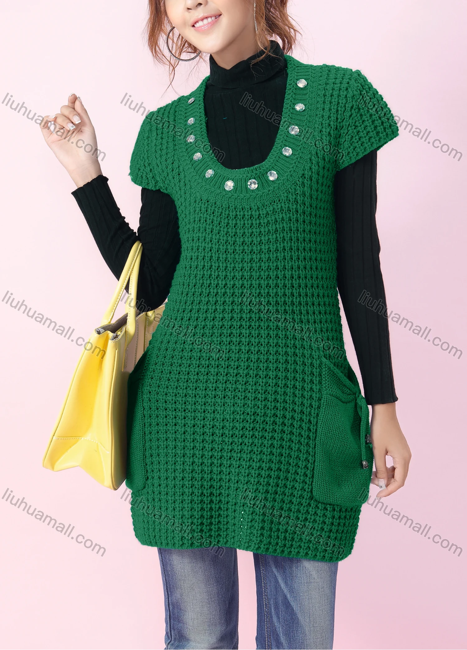 Wholesale Women's Casual Plain U-neck Rhinestone Short Sleeve Mesh-knit Long Sweater With Pockets 6822# - Liuhuamall