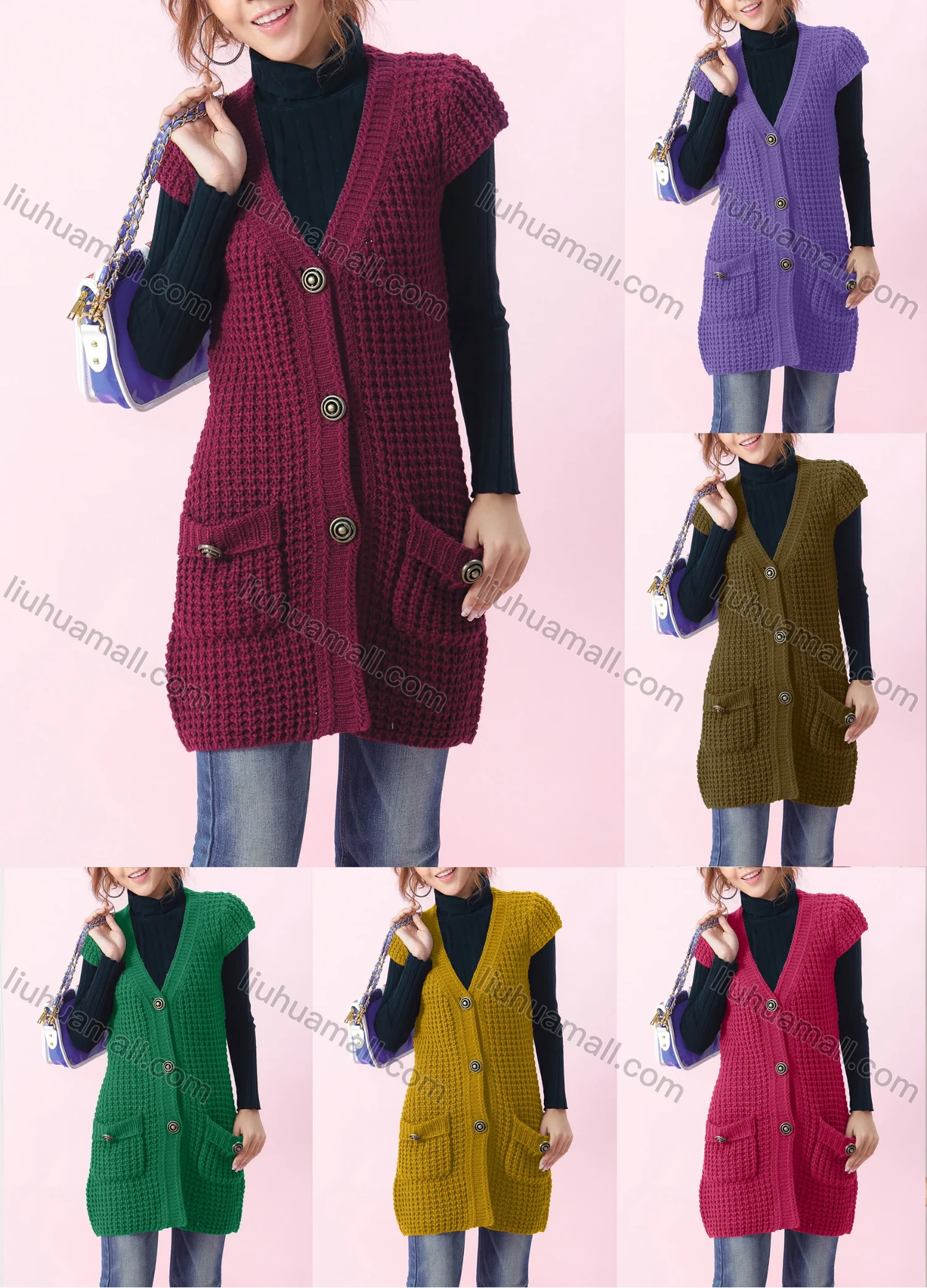 Wholesale Women's Casual Plain V-neck Short Sleeve Mesh-knit Button Down Long Sweater Cardigan With Pockets 6879# - Liuhuamall