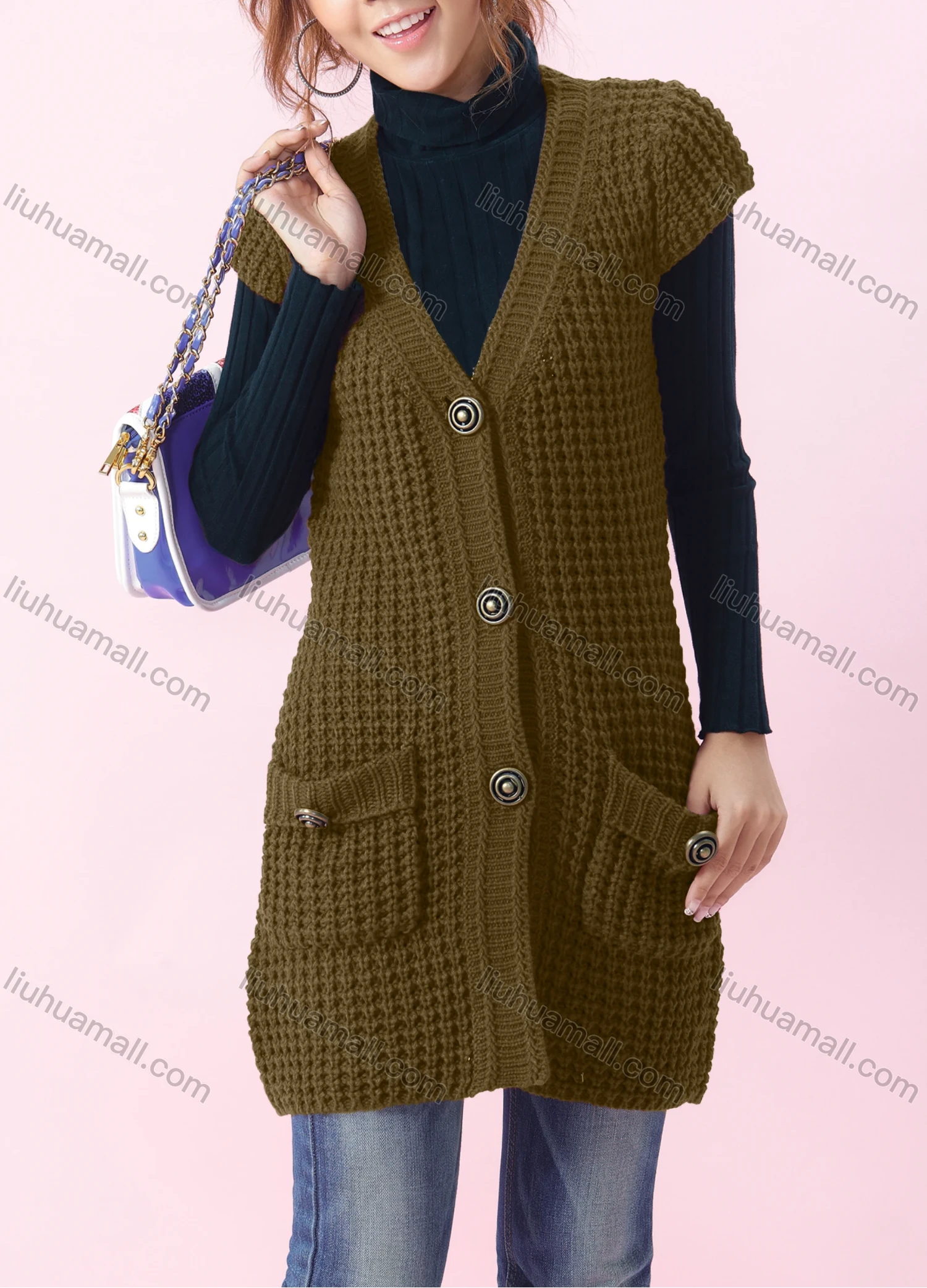 Wholesale Women's Casual Plain V-neck Short Sleeve Mesh-knit Button Down Long Sweater Cardigan With Pockets 6879# - Liuhuamall