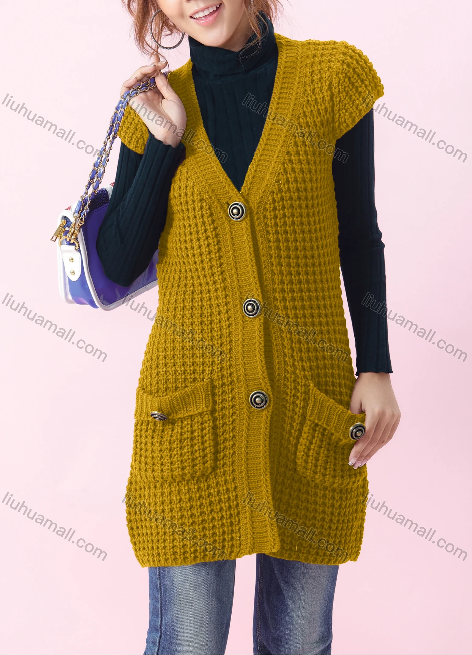 Wholesale Women's Casual Plain V-neck Short Sleeve Mesh-knit Button Down Long Sweater Cardigan With Pockets 6879# - Liuhuamall