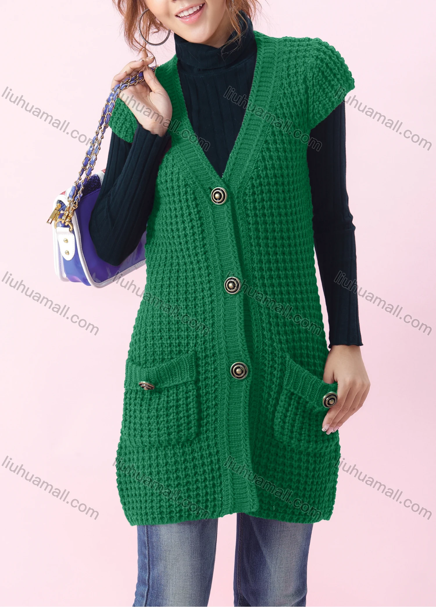 Wholesale Women's Casual Plain V-neck Short Sleeve Mesh-knit Button Down Long Sweater Cardigan With Pockets 6879# - Liuhuamall
