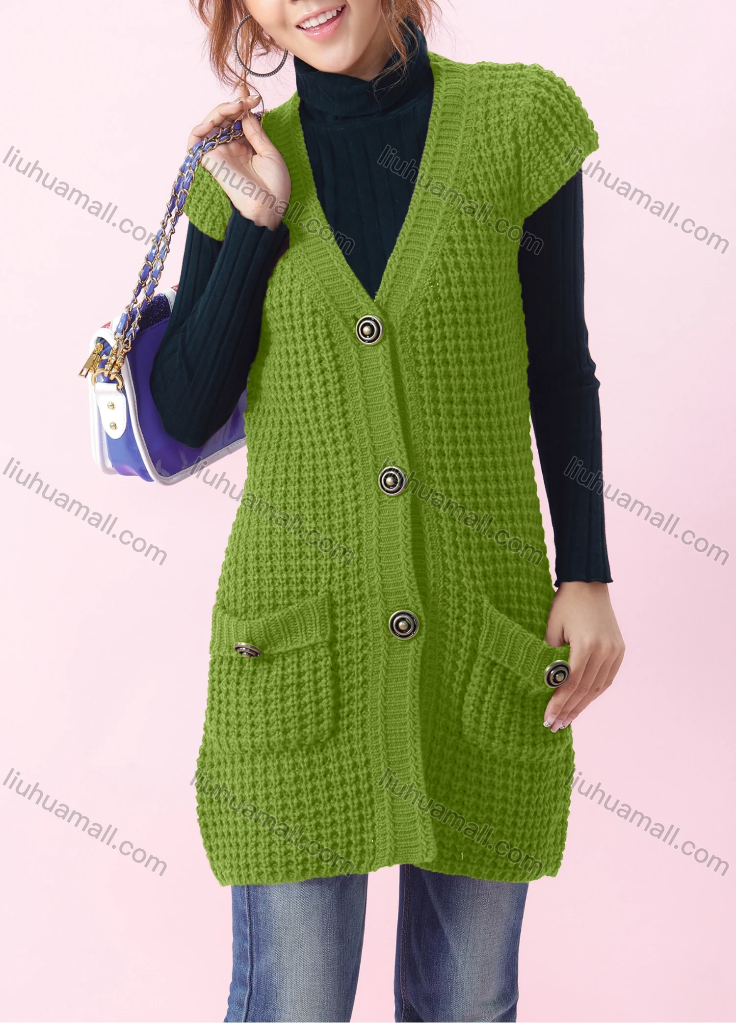 Wholesale Women's Casual Plain V-neck Short Sleeve Mesh-knit Button Down Long Sweater Cardigan With Pockets 6879# - Liuhuamall