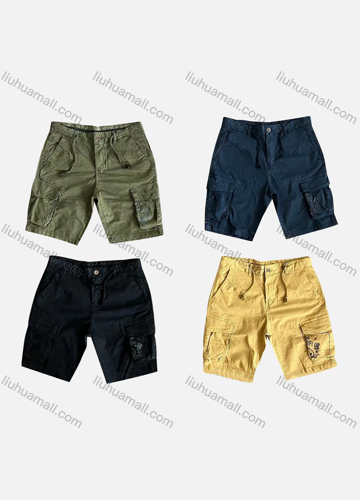 Wholesale Men's Casual Plain Flap Pockets Button Closure Drawstring Cargo Shorts 1881# - Liuhuamall