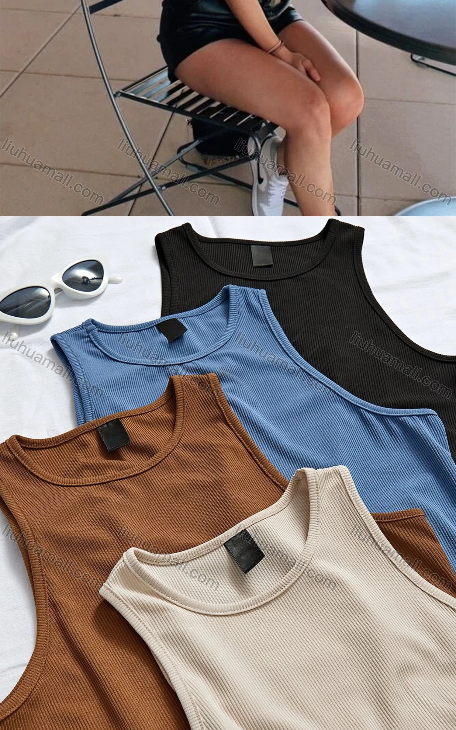 Wholesale Women's Casual Rib-knit Crew Neck Plain Tank Top - Liuhuamall