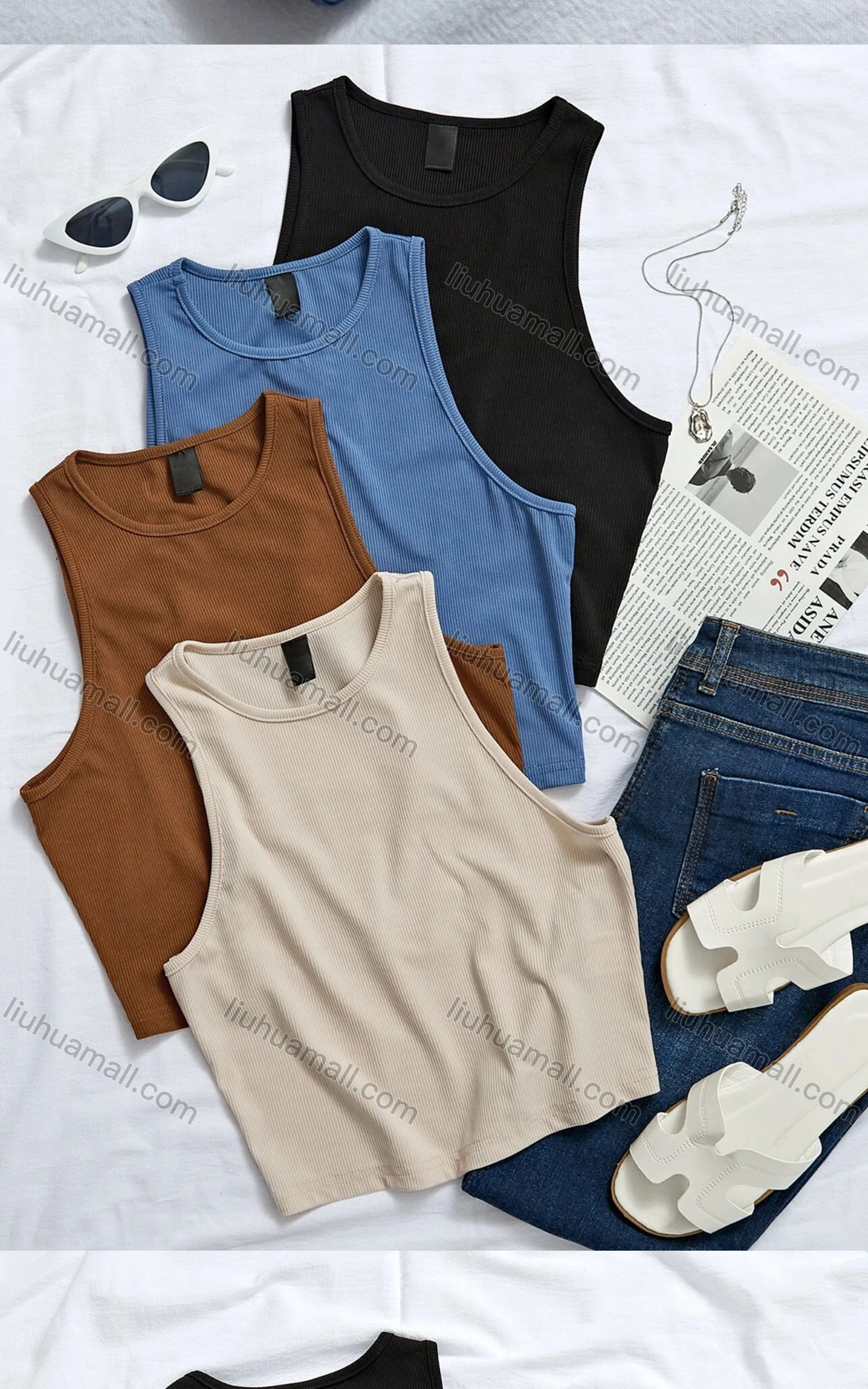 Wholesale Women's Casual Rib-knit Crew Neck Plain Tank Top - Liuhuamall