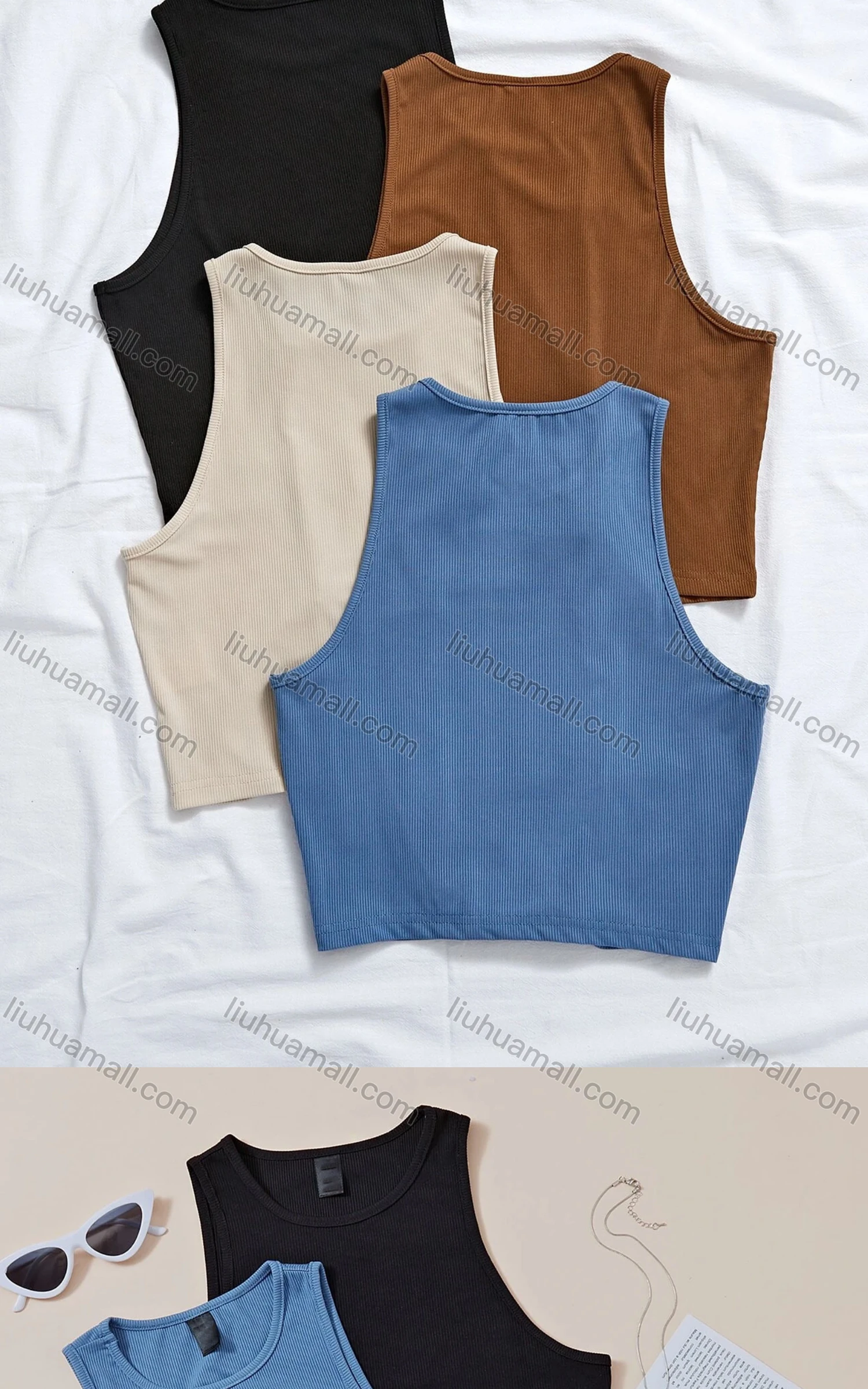 Wholesale Women's Casual Rib-knit Crew Neck Plain Tank Top - Liuhuamall