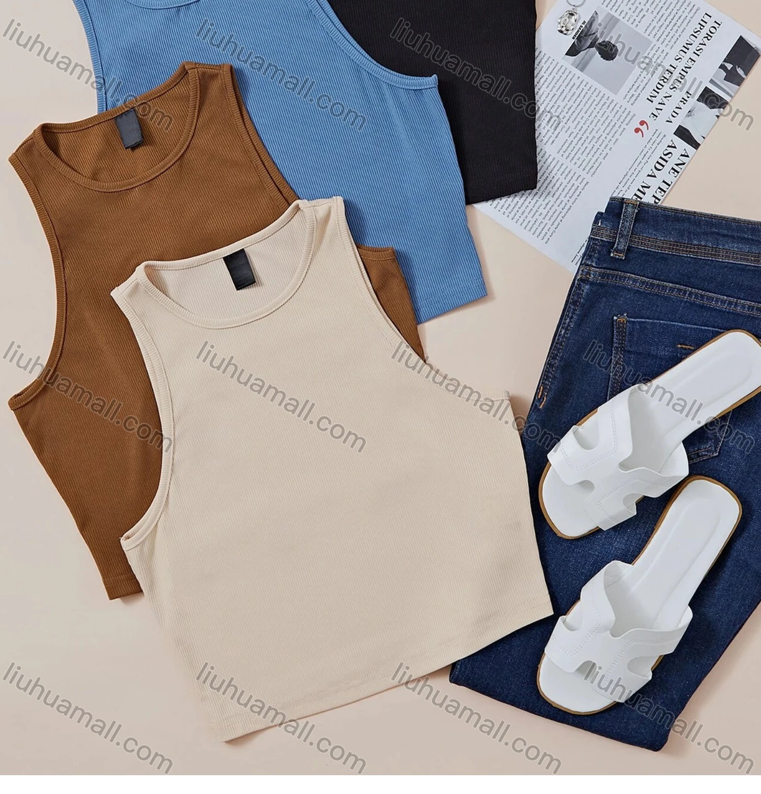 Wholesale Women's Casual Rib-knit Crew Neck Plain Tank Top - Liuhuamall