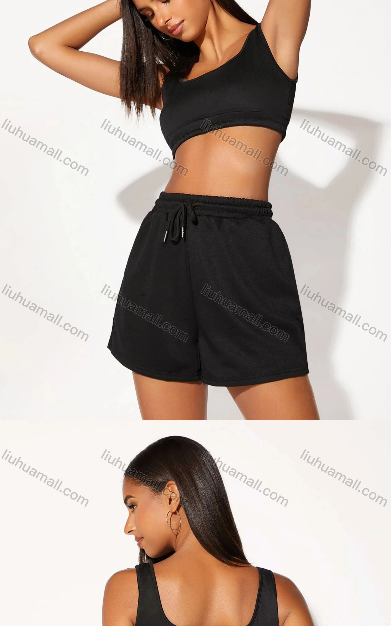 Wholesale Women's Casual Plain Crop Tank Top & Elastic Waist Hot Shorts Set - Liuhuamall