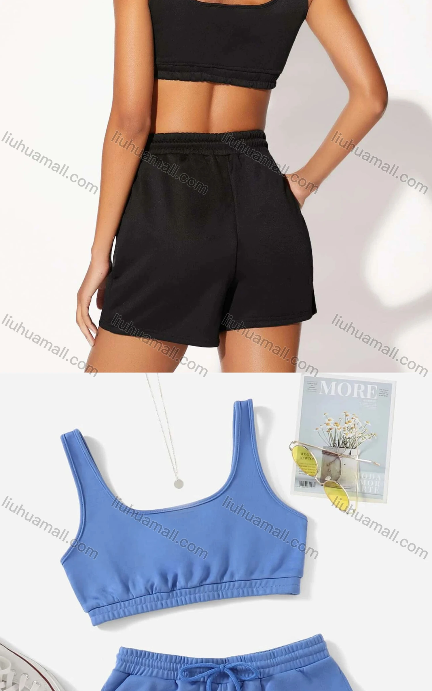 Wholesale Women's Casual Plain Crop Tank Top & Elastic Waist Hot Shorts Set - Liuhuamall
