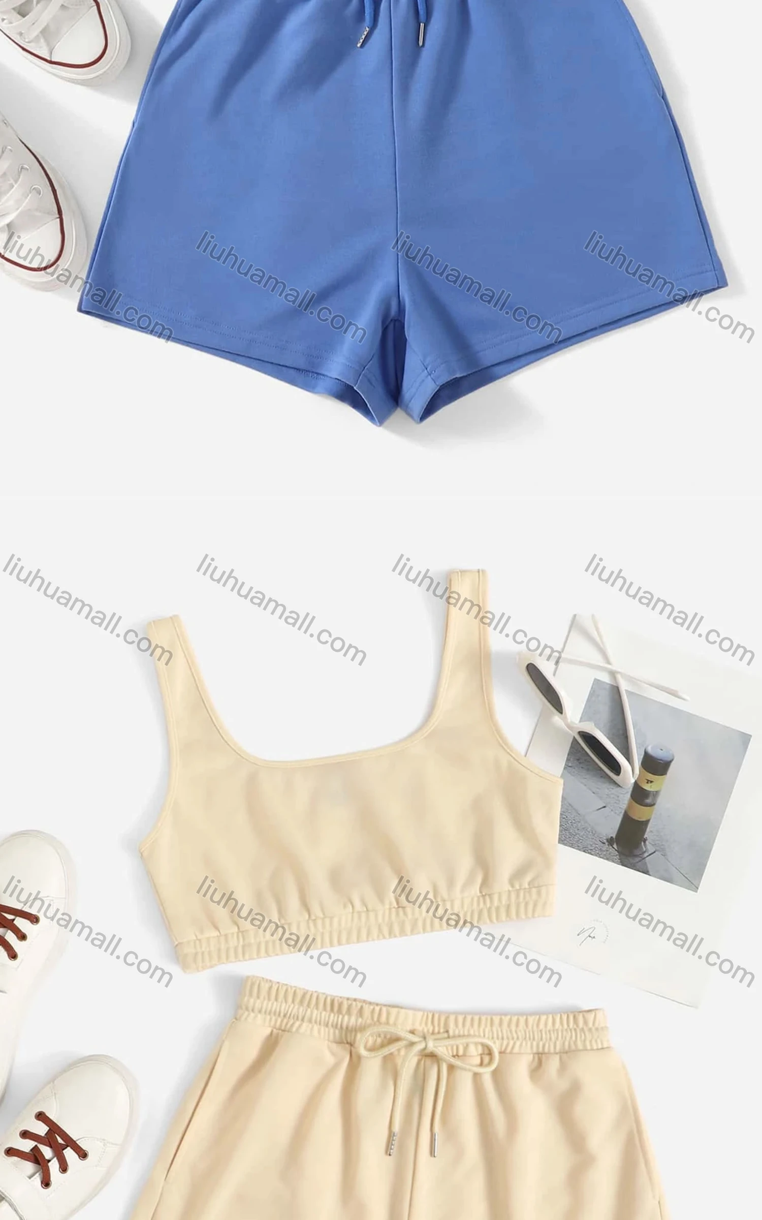 Wholesale Women's Casual Plain Crop Tank Top & Elastic Waist Hot Shorts Set - Liuhuamall