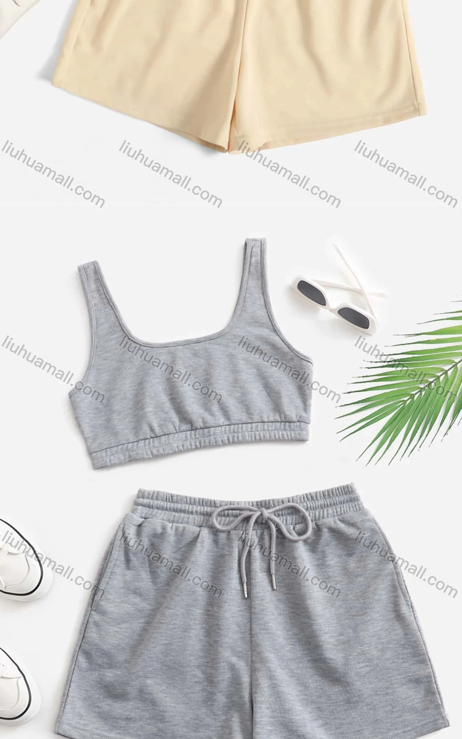 Wholesale Women's Casual Plain Crop Tank Top & Elastic Waist Hot Shorts Set - Liuhuamall