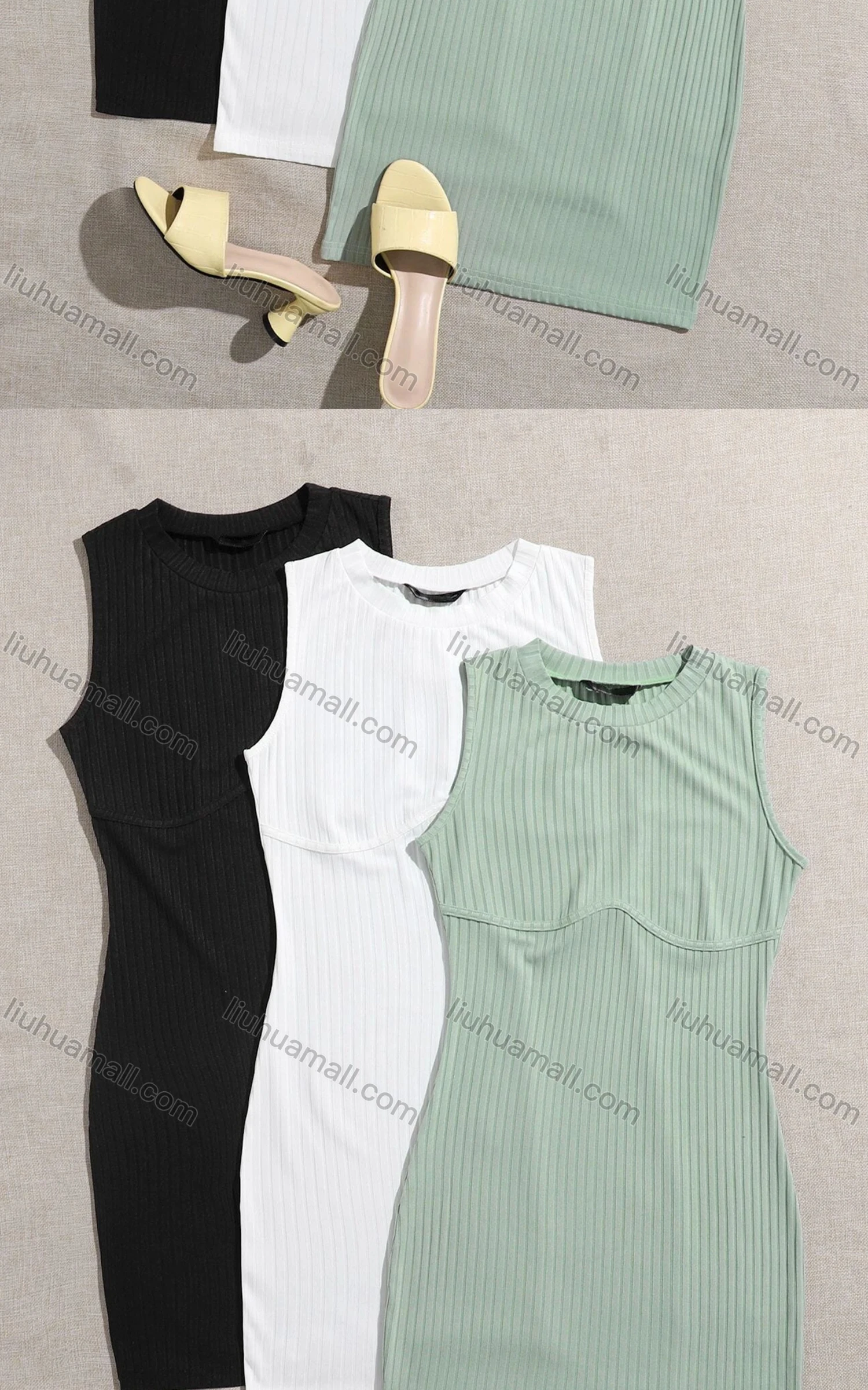 Wholesale Women's Casual Plain Crew Neck Sleeveless High Waist Short Tank Dress - Liuhuamall