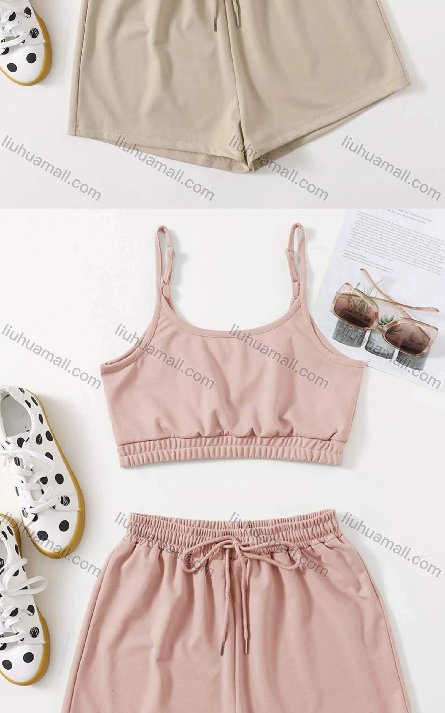 Wholesale Women's Casual Crop Cami Top & Elastic Waist Drawstring Hot Shorts Set - Liuhuamall