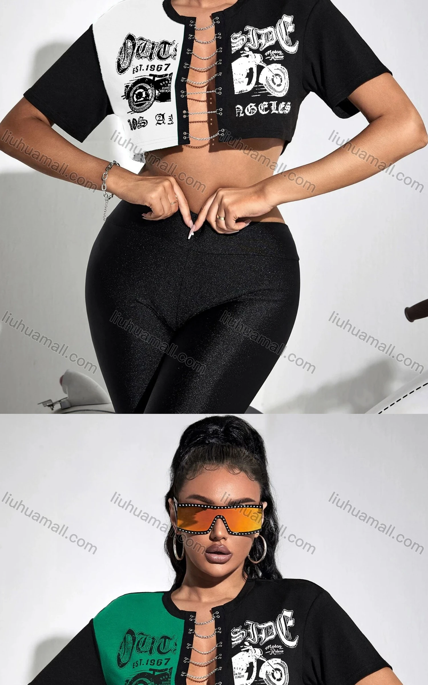 Wholesale Women's Fashion Colorblock Letter Print Chain Closure Crop Top - Liuhuamall