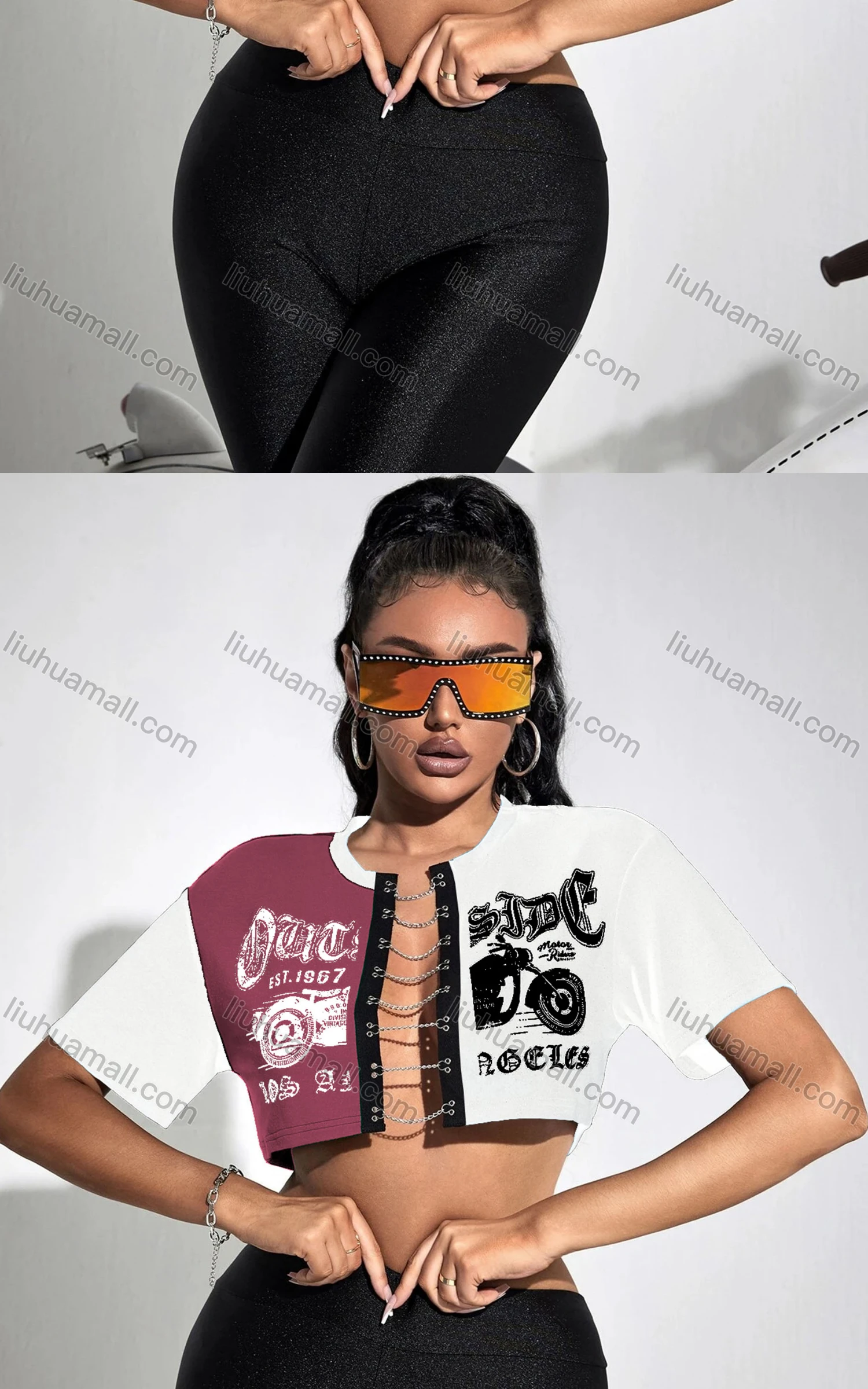 Wholesale Women's Fashion Colorblock Letter Print Chain Closure Crop Top - Liuhuamall