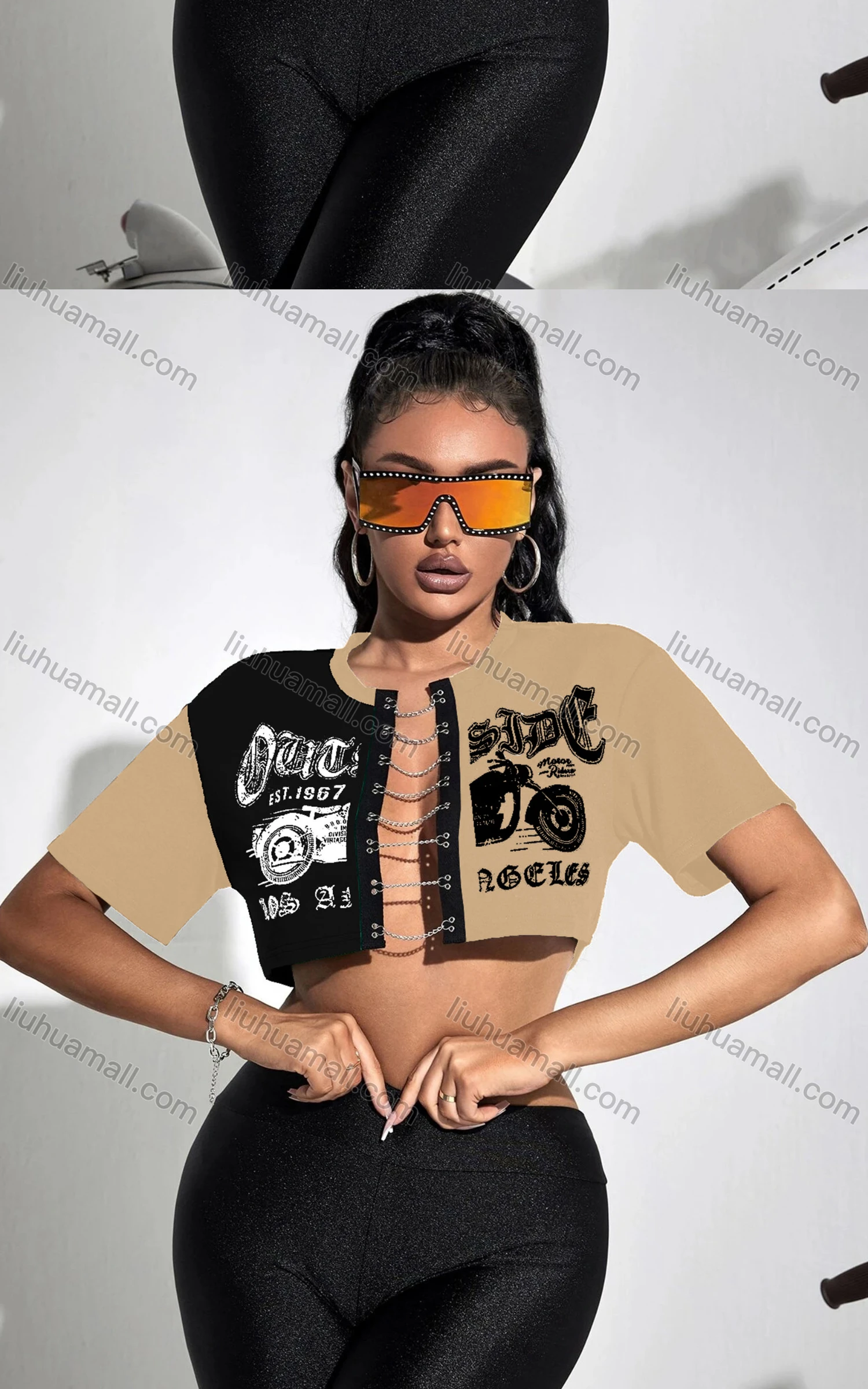 Wholesale Women's Fashion Colorblock Letter Print Chain Closure Crop Top - Liuhuamall