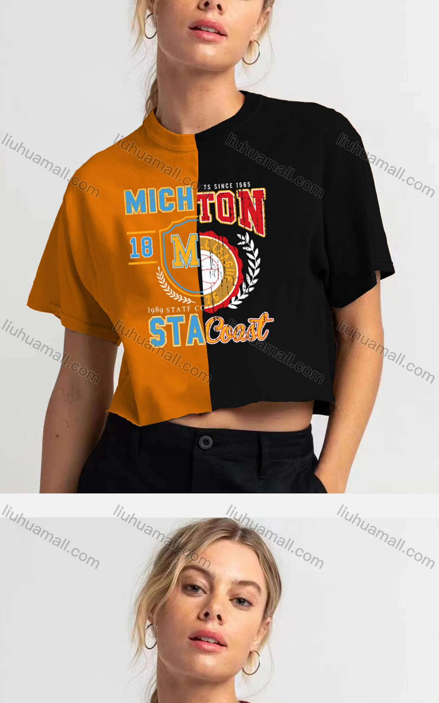 Wholesale Women's Casual Crew Neck Short Sleeve Colorblock Letter Crop Top - Liuhuamall