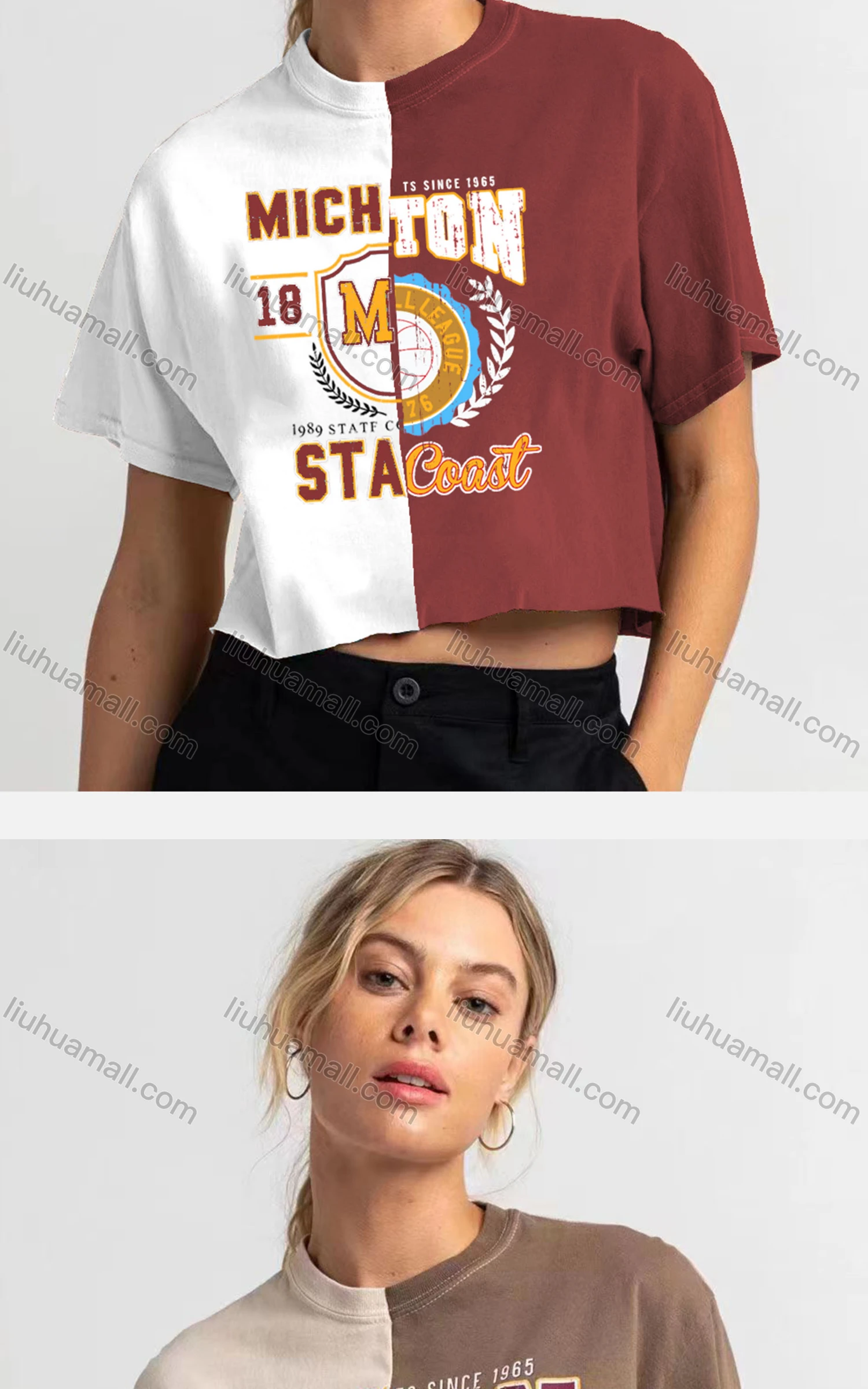 Wholesale Women's Casual Crew Neck Short Sleeve Colorblock Letter Crop Top - Liuhuamall