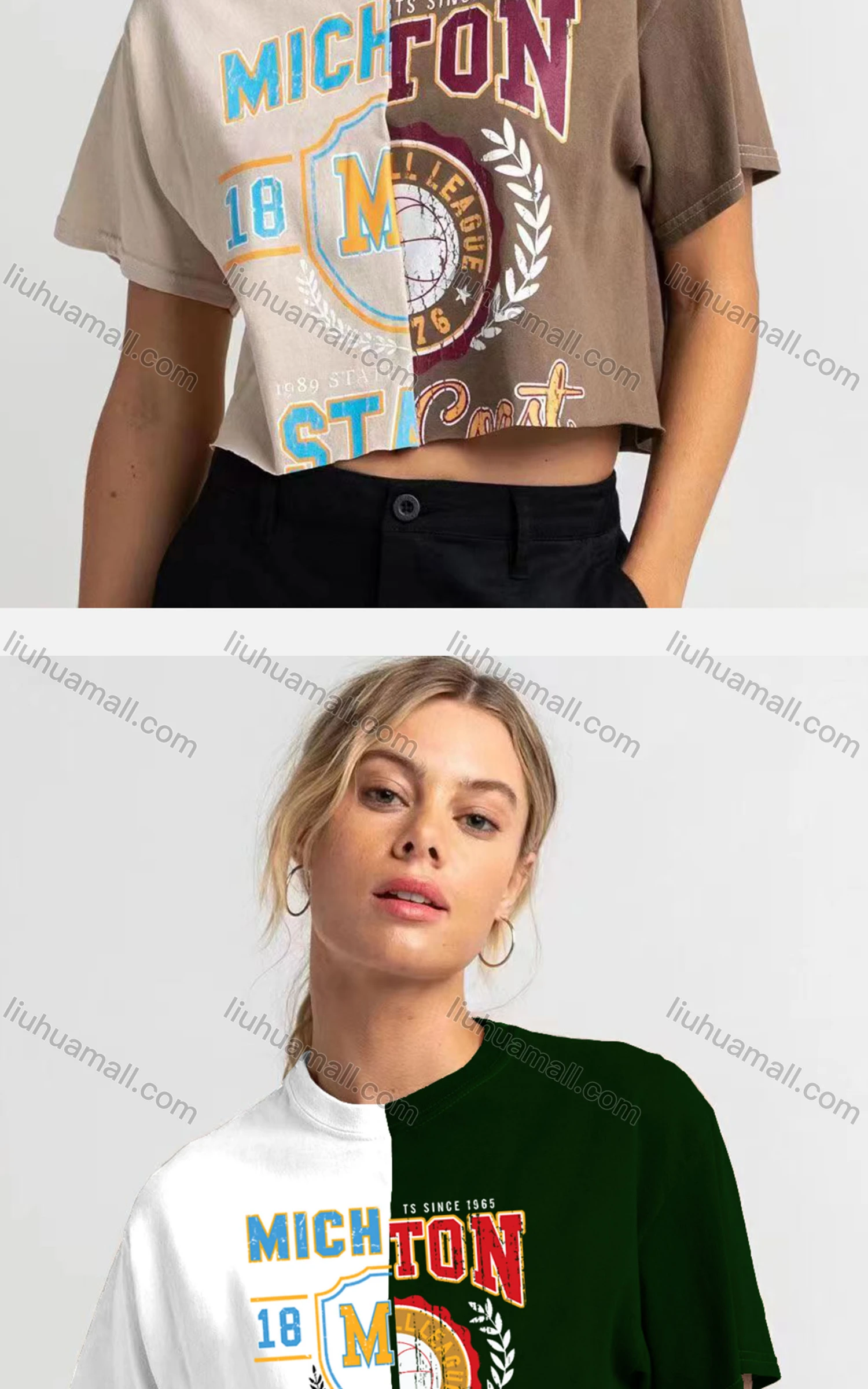 Wholesale Women's Casual Crew Neck Short Sleeve Colorblock Letter Crop Top - Liuhuamall