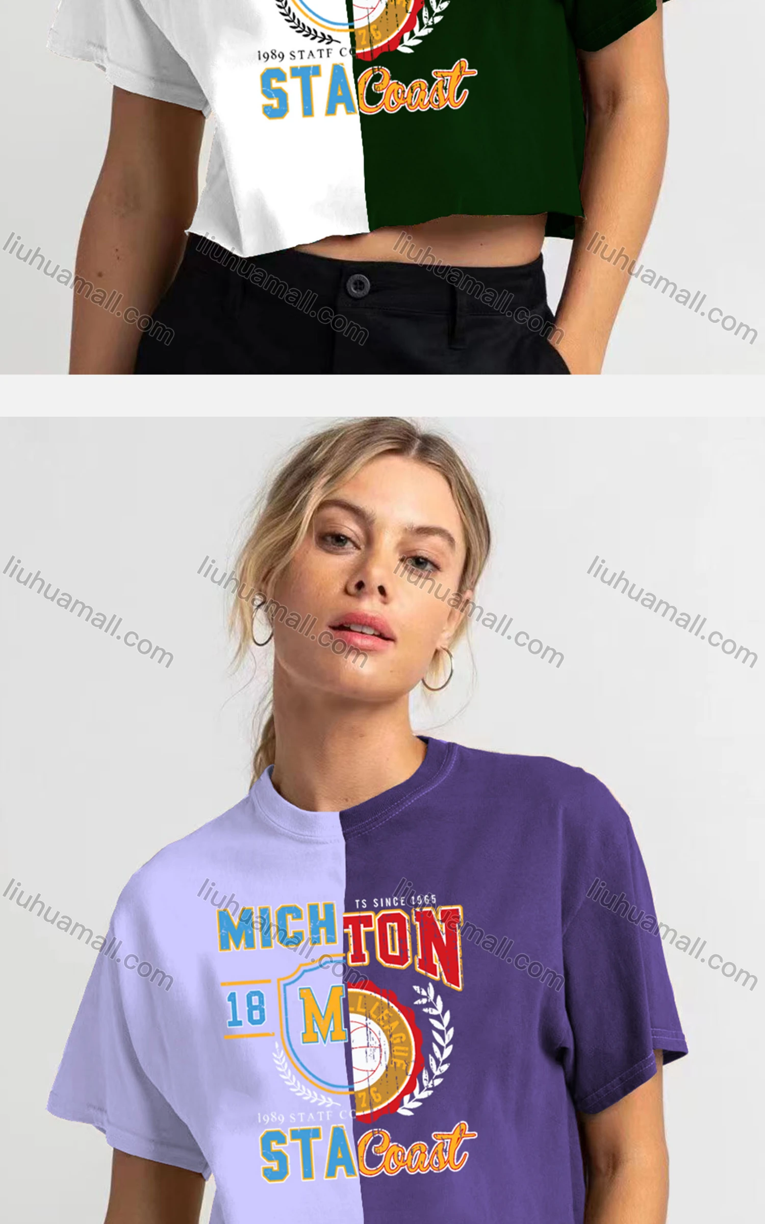 Wholesale Women's Casual Crew Neck Short Sleeve Colorblock Letter Crop Top - Liuhuamall