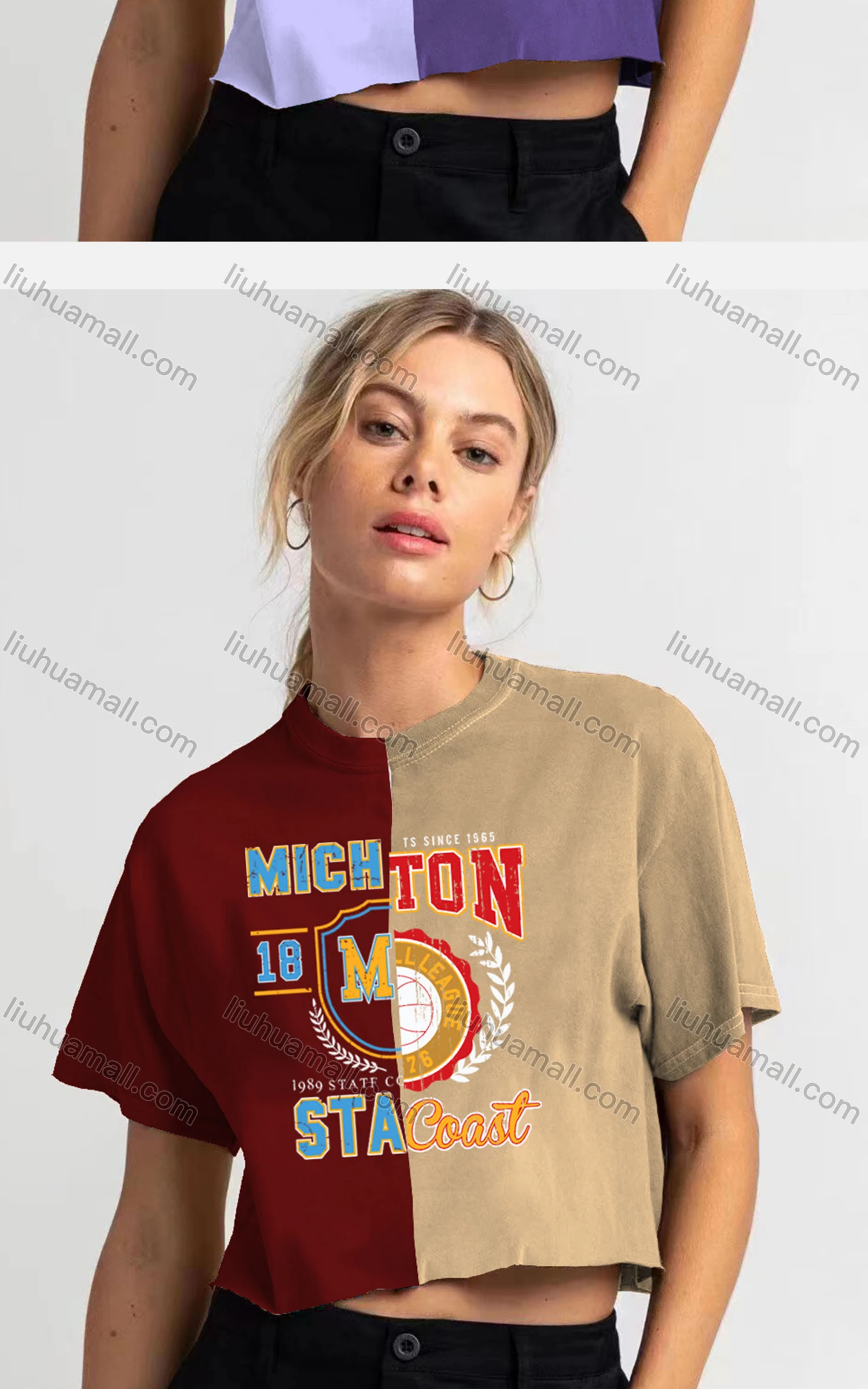 Wholesale Women's Casual Crew Neck Short Sleeve Colorblock Letter Crop Top - Liuhuamall
