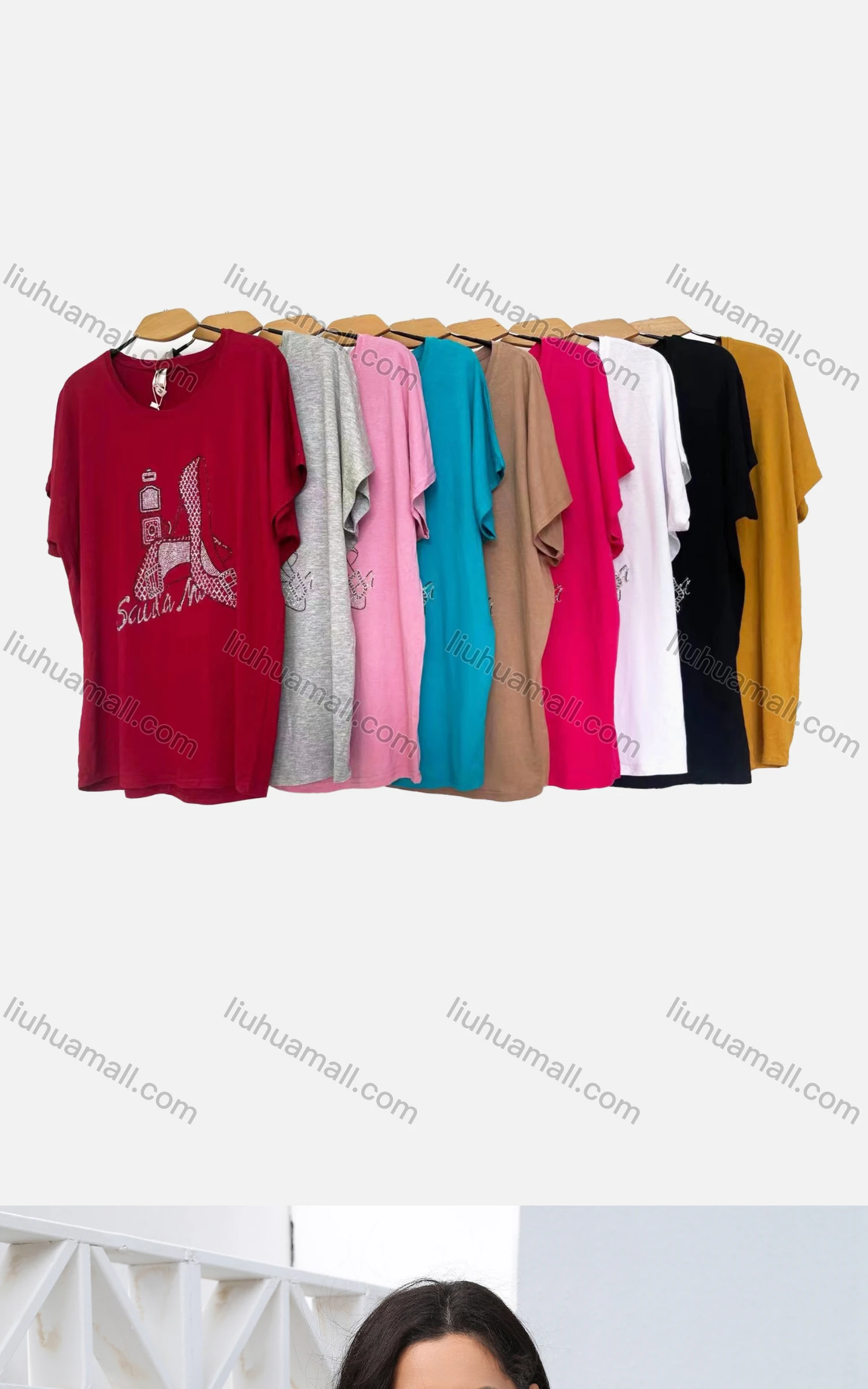 Wholesale Women's Casual Crew Neck Short Sleeve Graphic Rhinestone Top - Liuhuamall